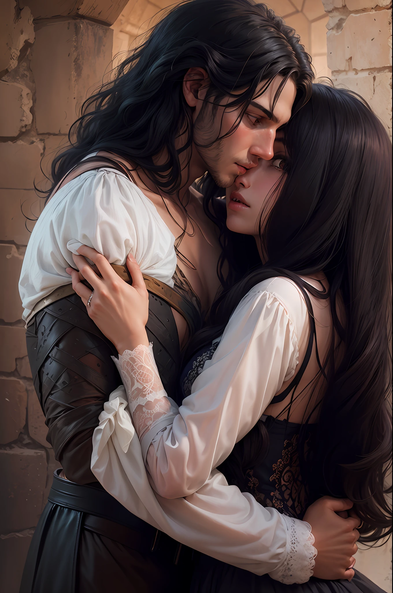 A brunette woman with long black hair hugging a young brunette man, Realistic, Muitos detalhes, Tema Fantasia Medieval, corpo inteiro, rosto da princesa, corpo definido, Realismo, Cinematic lighting, de cima, super detalhe