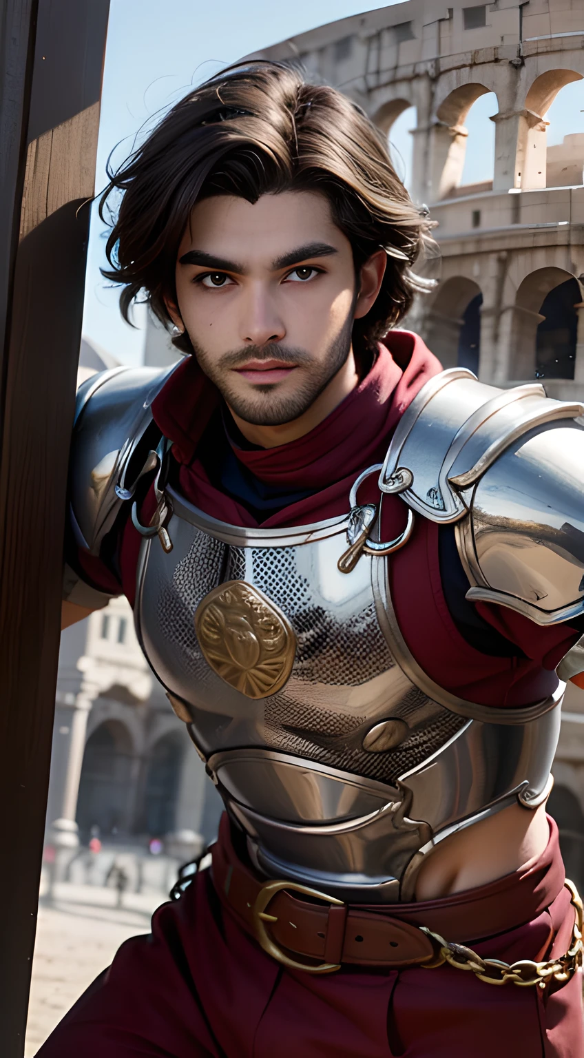 ((Men only)), (head shot), (frontal face), (Tanned handsome muscular male gladiator in his 20s), Warrior tied up with chiseled physique, Dressed in formidable red armor, Exude strength and determination in every stance, (Ancient Roman Colosseum in the background), (Marlon Teixeira), Mischievous smile, (detaile: 1 in 1), Natural muscles, HIG quality, beautidful eyes, (Detailed face and eyes), (Face、: 1 / 2), Noise, Real Photographics、... ...............................................................................................................PSD, Sharp Focus, High resolution 8K, realisitic & Professional Photography, 8K UHD, Soft lighting, High quality, Film grain, FujifilmXT3