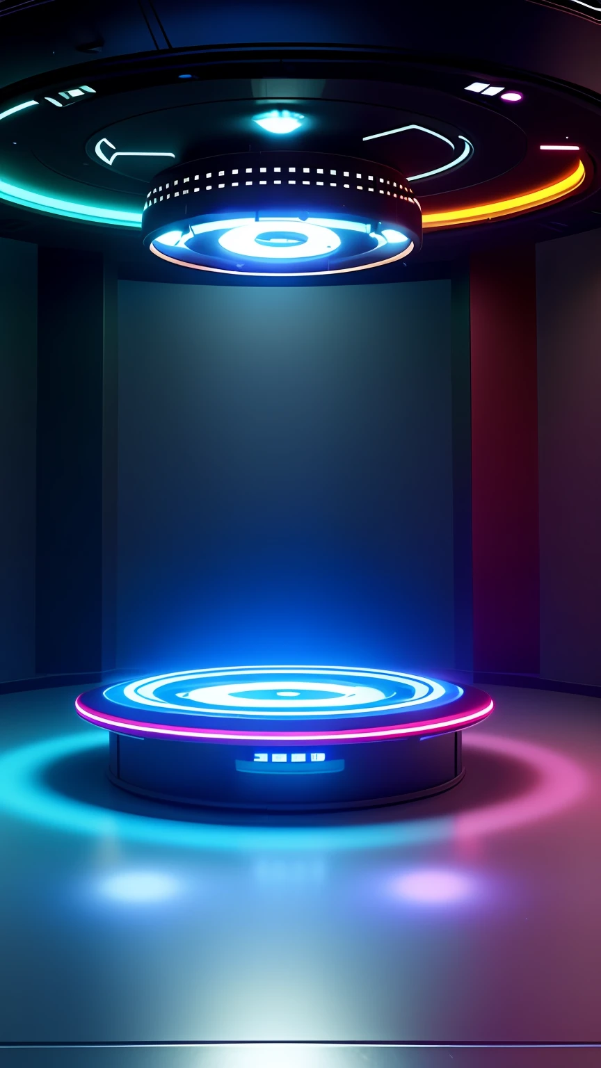 There is a large round object，There is a lamp on it, futuristic room background, scifi platform, the inside of a ufo, magical glowing time portal, of a ufo propulsion system, background with neon lighting, cinematic counter light, techno neon projector background, surreal sci fi set design, 3 d render of a scifi spaceport, arena background, portal to outer space，Advanced gray