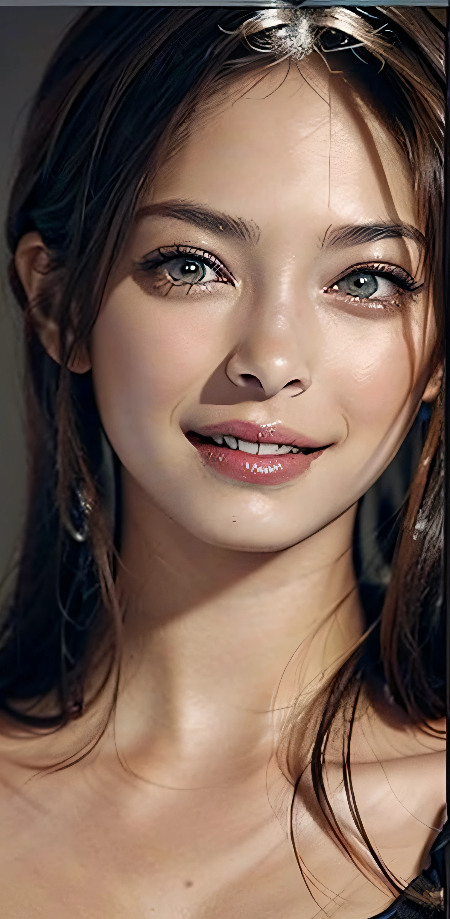 Masterpiece, 1 Beautiful Girl, Detailed, Swollen Eyes, Top Quality, Ultra High Resolution, (Reality: 1.4), Original Photo, 1Girl, Cinematic Lighting, Smiling, Japanese, Asian Beauty, Korean, Clean, Super Beautiful, Little Young Face, Beautiful Skin, Slender, Cyberpunk Background, (ultra realistic), (high resolution), (8K), (very detailed), (best illustration), (beautifully detailed eyes), (super detailed), (wallpaper), (detailed face), viewer looking, fine detail, detailed face, pureerosfaceace_v1, smiling, 46 point slanted bangs, looking straight ahead, neat clothes, dark colored eyes, clothes sleeveless, body facing front,