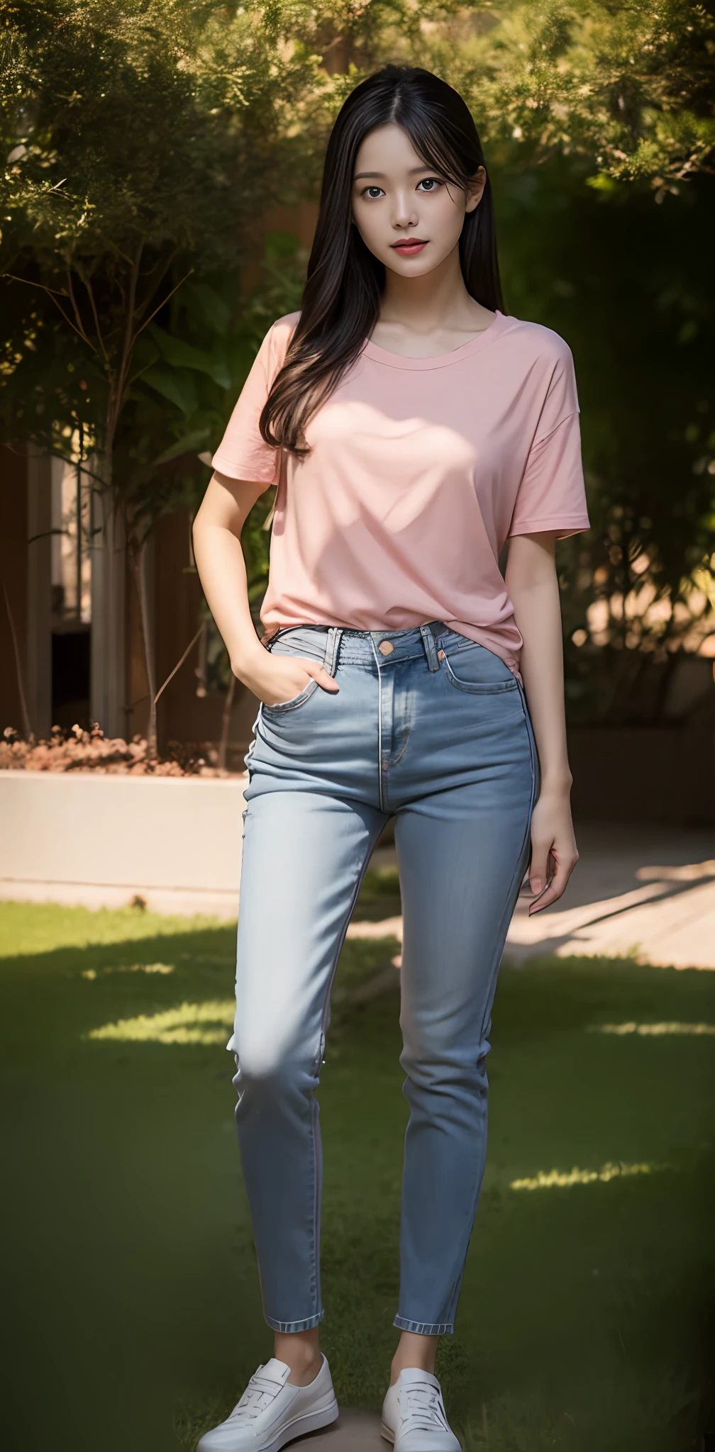 1 beautiful woman taking pictures on the grass of the villa，RAW photos，tmasterpiece，（highdetailskin：1.2），8k ultra high definition，digital SLR camera，gentlesoftlighting，high high quality，filmgrain，富士XT3，20 years old Asian woman，Wear simple clothes，T-shirt and skinny jeans，Detailed clothing details:1.3，perfect body figure，Perfect breasts and nipple bulge，The legs are straight and slender，Branded stylish shoes:0.6，Super detailed facial details and skin，Fair pink face and skin，The skin is pink，with light glowing，二重まぶた，Super detailed eyes，(Gloss on lips, eyeslashes, Glossy face, Best quality, Super high resolution, warm color，Wide lighting, naturalshadow), Sexy, Full body shooting: 1.8