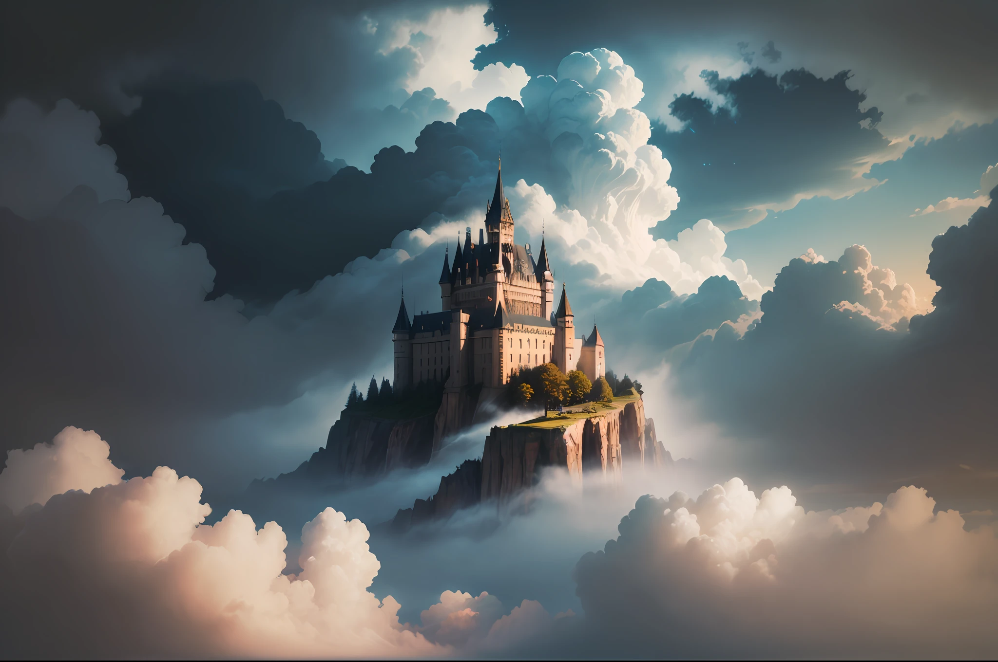 RAW photo, best, masterpiece, best quality, high quality, extremely detailed there RAW photo, best quality,"Castle in the Sky", majestic, mystical, floating, ethereal atmosphere, dramatic lighting, vibrant colors, intricate details, breathtaking view, clouds swirling around, a sense of wonder and awe.