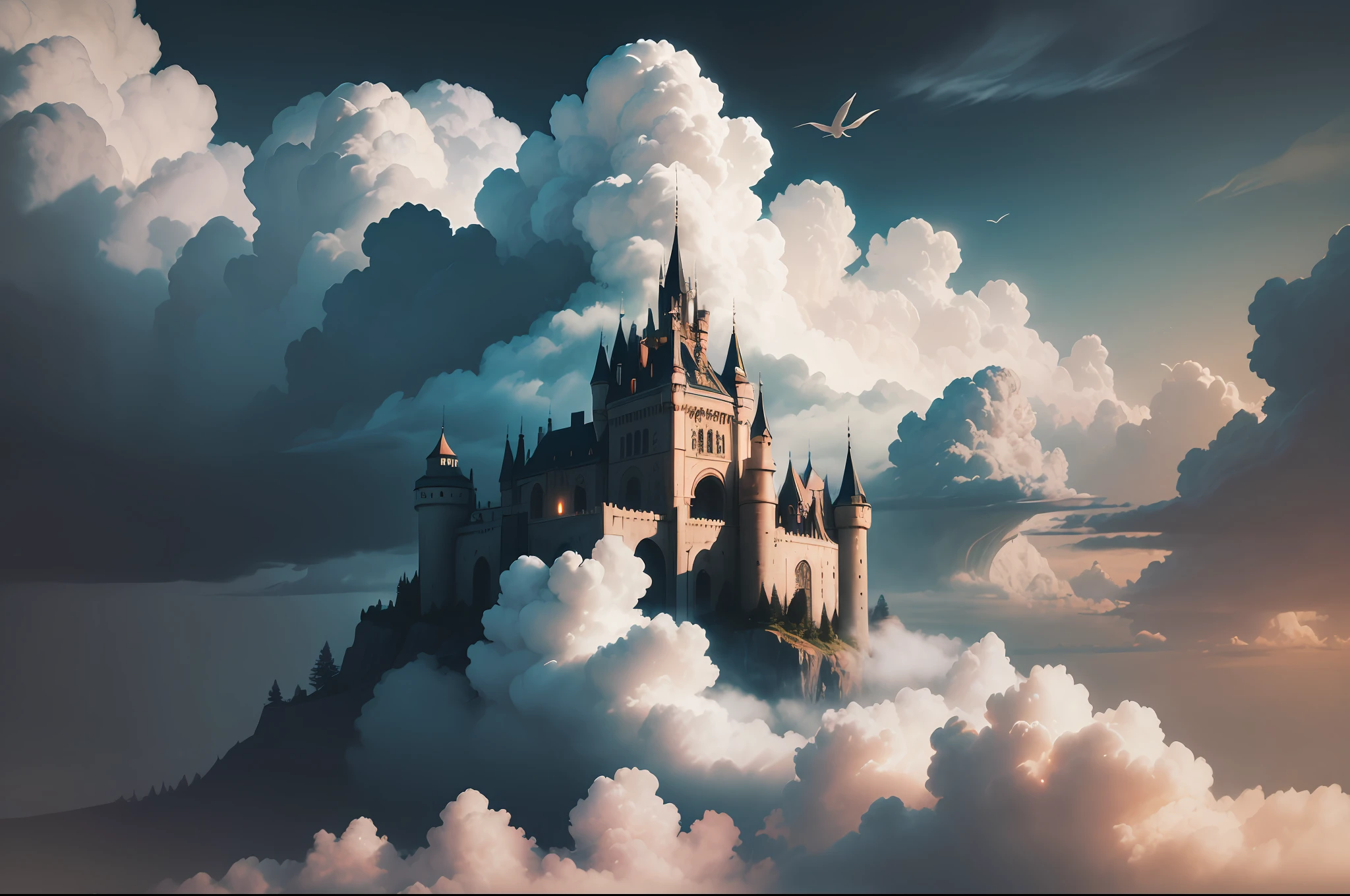 RAW photo, best, masterpiece, best quality, high quality, extremely detailed there RAW photo, best quality,"Castle in the Sky", majestic, mystical, floating, ethereal atmosphere, dramatic lighting, vibrant colors, intricate details, breathtaking view, clouds swirling around, a sense of wonder and awe.