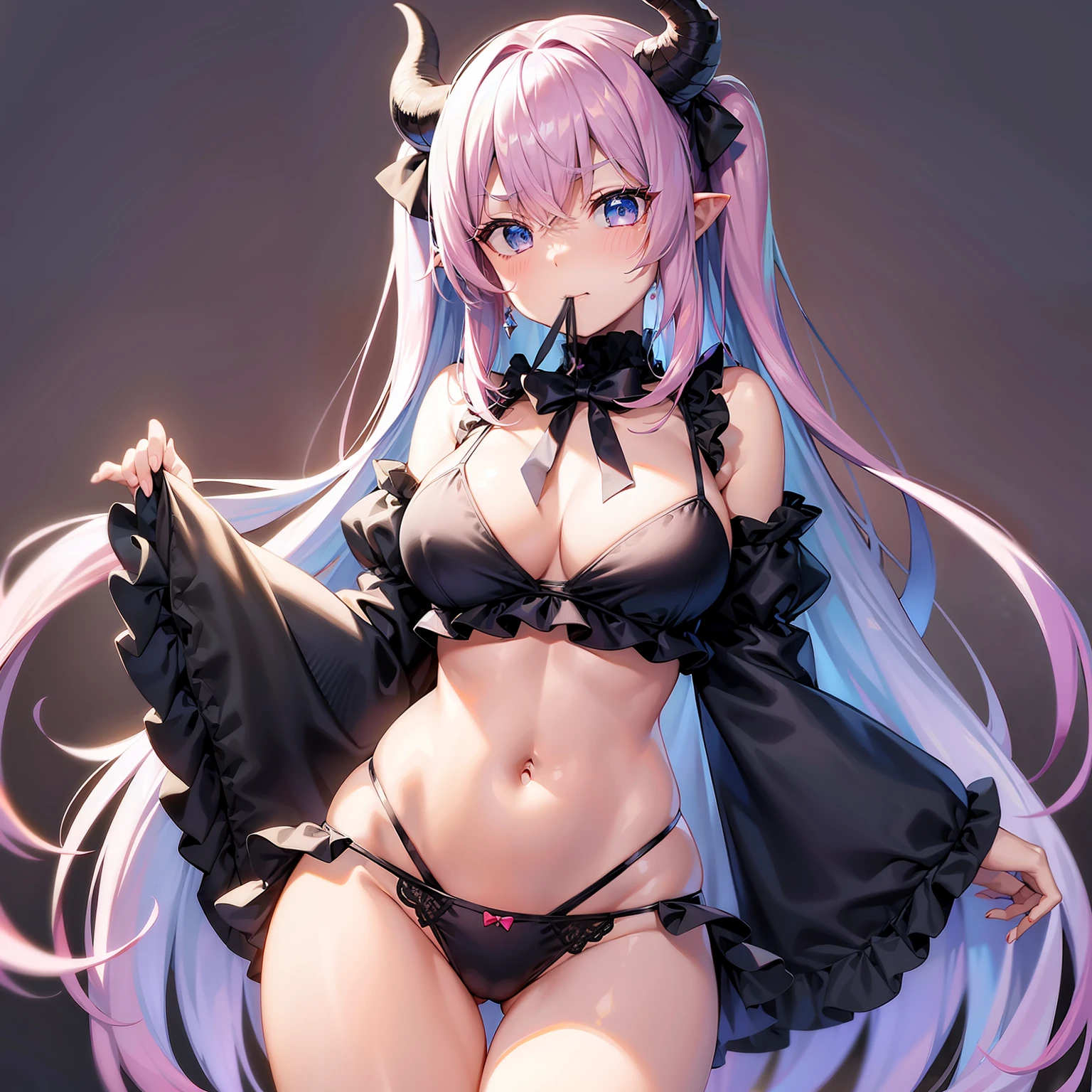 1girl in, banya, blue eyess, wingspan, length hair, White cyan pink hair, a navel, undergarment, panties on, Cosplay, 独奏, bangss, red blush, Nakano Nino, looking at the viewers, white backgrounid, Simple background, Black panties, frilled panties, frilld, demonic horns, long-sleeve, bluntbangs, tail, kitagawa marin, Stomach, Devil's Wings, The shirt, a black ribbon, two side up, Black shirt, v shaped eyebrows, frill shirt, bow ribbon, croptop, frowned、Mouth closed、Very long hair、Midriff、Devil's Tail、thighs thighs thighs thighs、cowboy  shot、Puffy sleeves、demon girls、