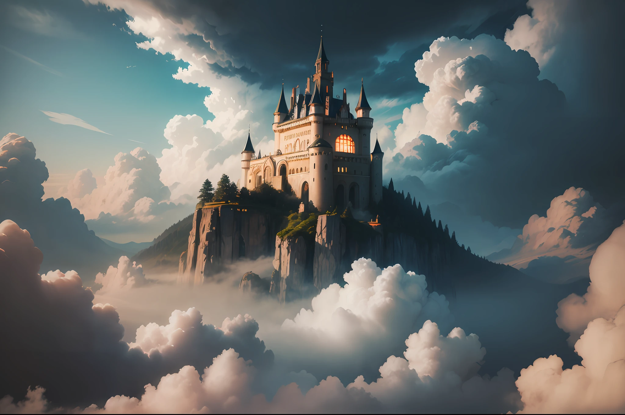 RAW photo, best, masterpiece, best quality, high quality, extremely detailed there RAW photo, best quality,"Castle in the Sky", majestic, mystical, floating, ethereal atmosphere, dramatic lighting, vibrant colors, intricate details, breathtaking view, clouds swirling around, a sense of wonder and awe.