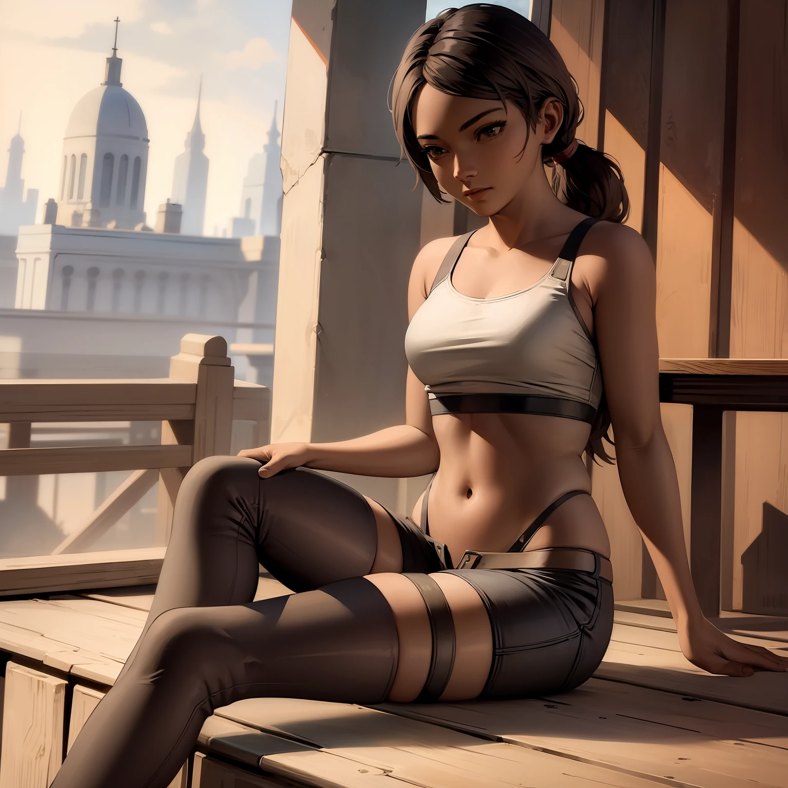 ((masterpiece, best quality)),(complex lighting) , solo ,1girl, clementine,  dark skin,  long hair, hot pants, crop top, sitting in a library