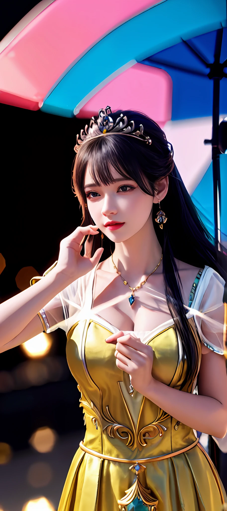 realisticity: 1.2), best quality, masterpiece, highres, super detail, ultra detail, cg, 1girl, queen, weapon, sword, long hair, dress, water, solo, jewelry, yellow dress, wear a crown, earrings, hair ornament, splashing, upper body super realistis, hair bun, blue and pink hair, royal throne backgraun super realistis and super detai, ultra detail, lighting,candid, Photograph, high resolution, 8k, 10k, Bokeh,