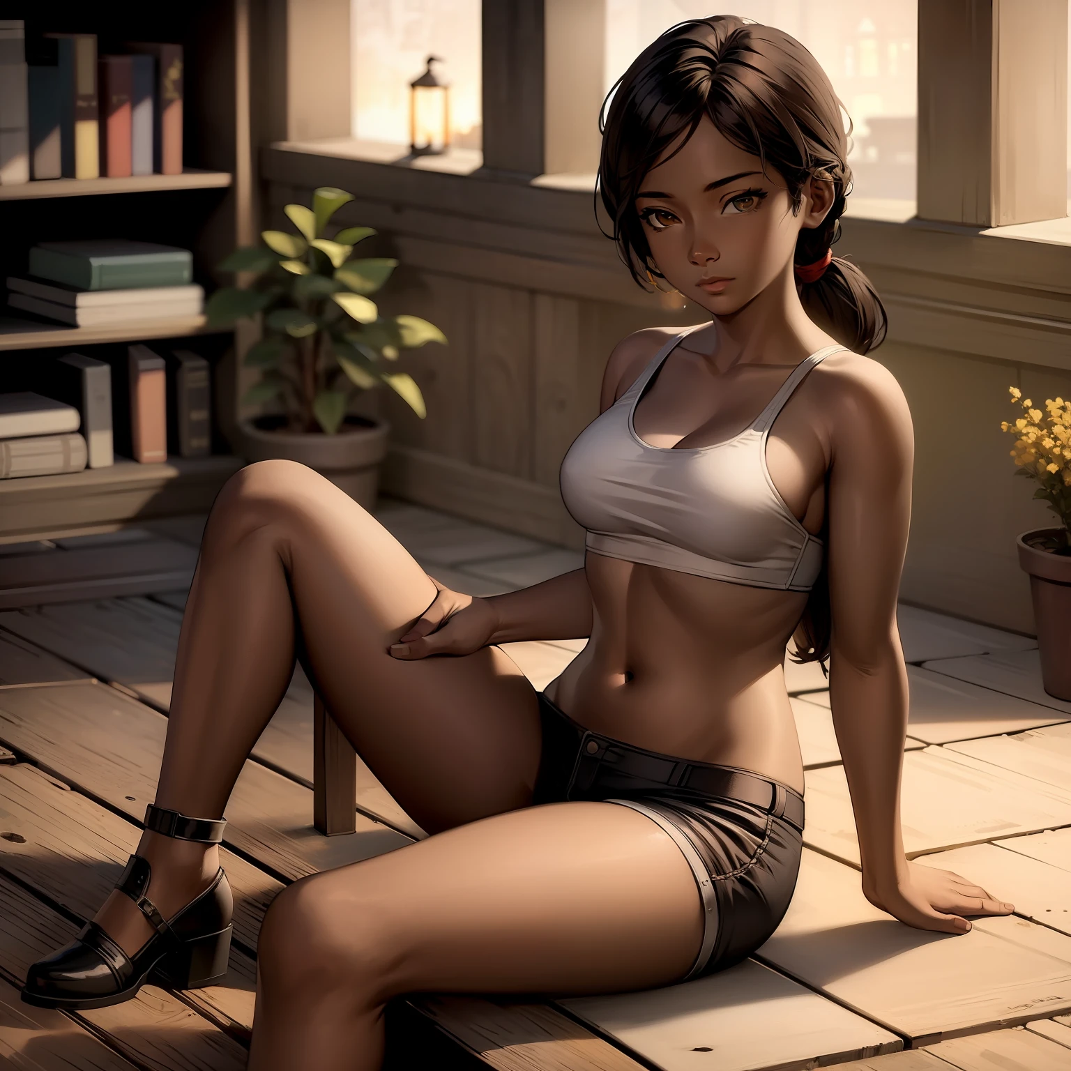 ((masterpiece, best quality)),(complex lighting) , solo ,1girl, clementine,  dark skin,  long hair, hot pants, crop top, sitting in a library