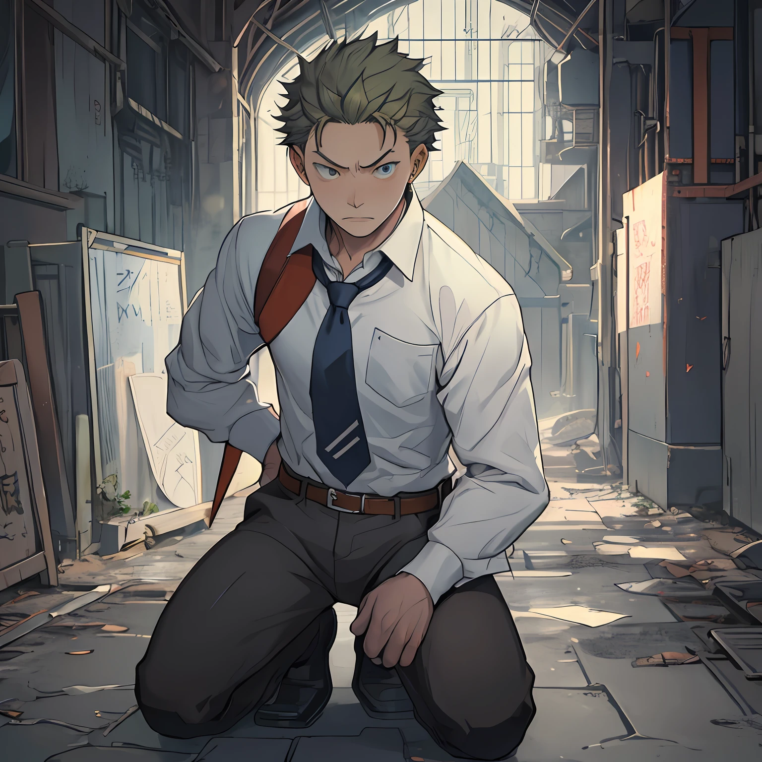 (1 Adult male),A high resolution, Sharp focus, Pixiv masterpiece, ((Complicated details)), highly detailed, natsuki_subaru, 1 man,Defeat, crestfallen,full bodyesbian,kneels on the ground, (A gesture of pleading),blue color eyes(eyes glowing), Short yellow hair,white shirt,Wear a tie,Wear a belt,perspire,look from down