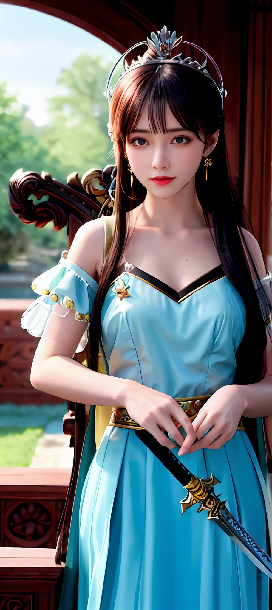 realisticity: 1.2), best quality, masterpiece, highres, super detail, ultra detail, cg, 1girl, queen, weapon, sword, long hair, dress, water, solo, jewelry, yellow dress, wear a crown, earrings, hair ornament, splashing, upper body super realistis, hair bun, blue and pink hair, royal throne backgraun super realistis and super detai, ultra detail, lighting,candid, Photograph, high resolution, 8k, 10k, Bokeh,