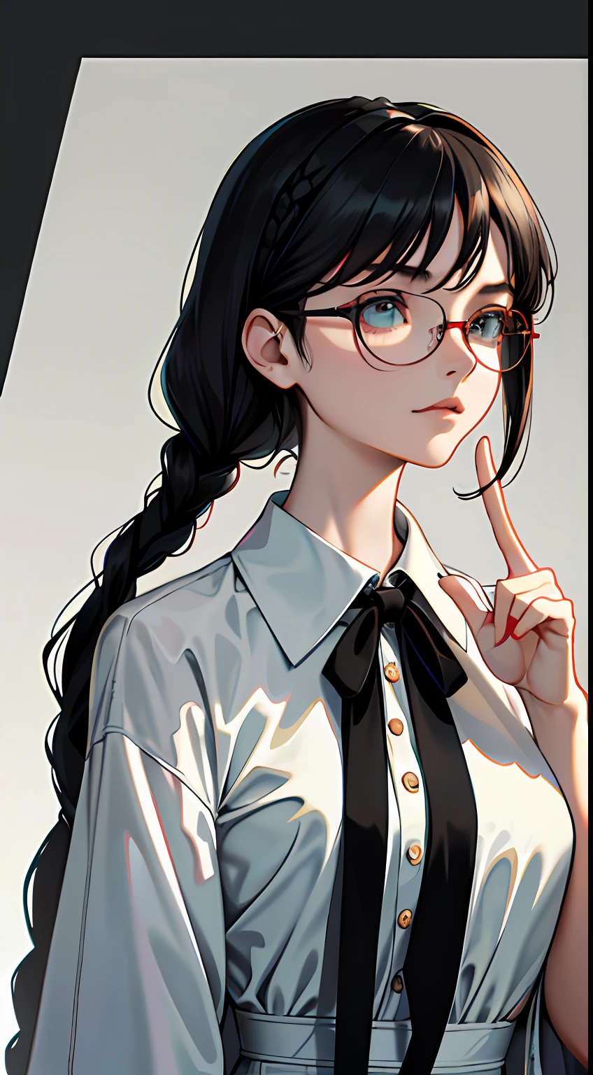 Polite dress code,Remote photos,((long hairstyle braid : 1.5)),Emotionless faces,heartless.,Beautiful delicate face with details, Beautiful delicate eyes with details, Perfect face proportions, Highly fine surface, finely detailed skin, The best ratio of four fingers to one thumb..,master-piece,high-detail, lifelike,(Put on a lab coat...: 1.8),scholar,Maximum face resolution,mature adult,A woman dressed modestly...,Fully dressed,(Black Hair,Short Black Hairstyle,Best pigtails,Wear red glasses...,Dark green eyes),Future World,science fiction,(Standing on a wide meadow..),Profoundly intelligent personality