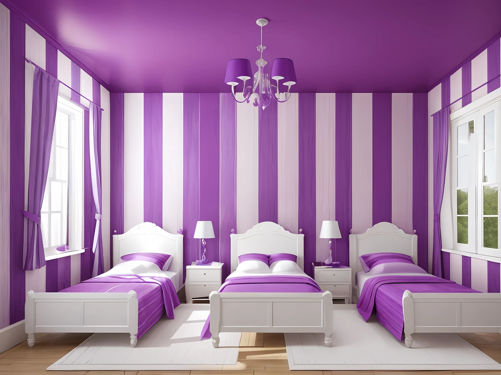 purple and white striped wallpaper in a room with 3⁰ single beds, Quarto da menina, esquema de cores azul e violeta, esquema de cores azul e roxo, esquema azul e roxo, Purple room illuminated without lightingo, Esquema de cores azul e rosa, esquema de cores roxo e azul, paredes coloridas ousadas, com cores rosa suaves, esquema de cores roxo, Quarto feminino, perfect symmetrical