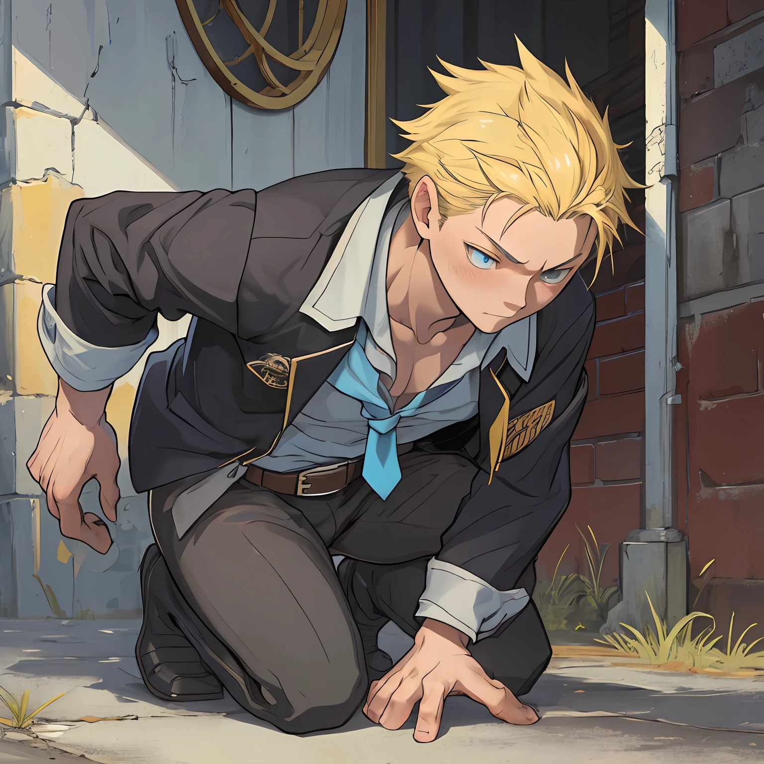 (1 Adult male),A high resolution, Sharp focus, Pixiv masterpiece, ((Complicated details)), highly detailed, natsuki_subaru, 1 man,Defeat, crestfallen,full bodyesbian,kneels on the ground, (A gesture of pleading),blue color eyes(eyes glowing), Short yellow hair,white shirt,Wear a tie,Wear a belt,perspire,look from down