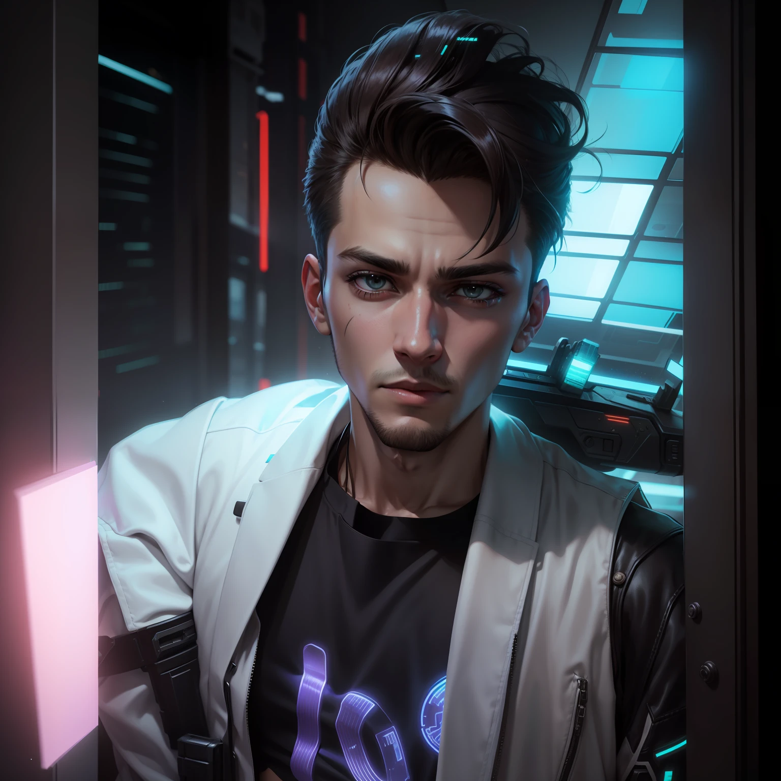 Change background cyberpunk handsome boy, realistic face, 8k, ultra realistic