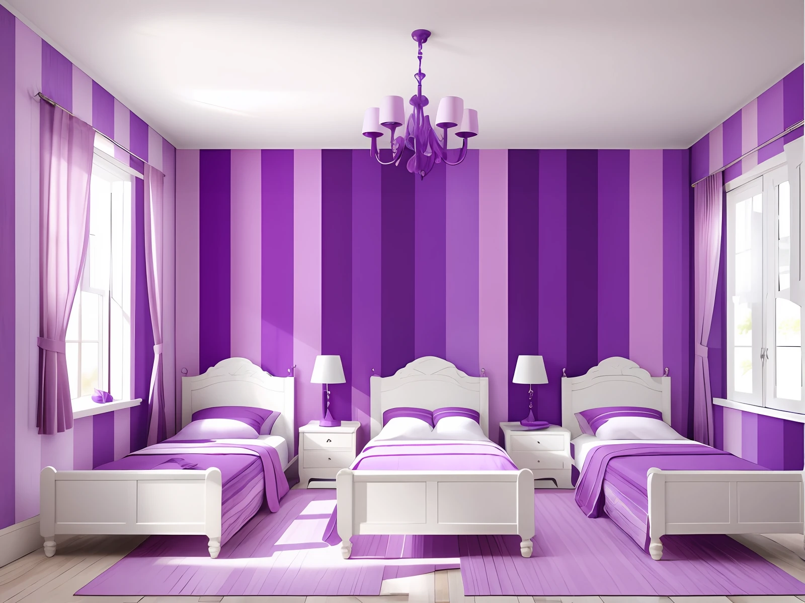 purple and white striped wallpaper in a room with 3⁰ single beds, Quarto da , esquema de cores azul e violeta, esquema de cores azul e roxo, esquema azul e roxo, Purple room illuminated without lightingo, Esquema de cores azul e rosa, esquema de cores roxo e azul, paredes coloridas ousadas, com cores rosa suaves, esquema de cores roxo, Quarto feminino, perfect symmetrical