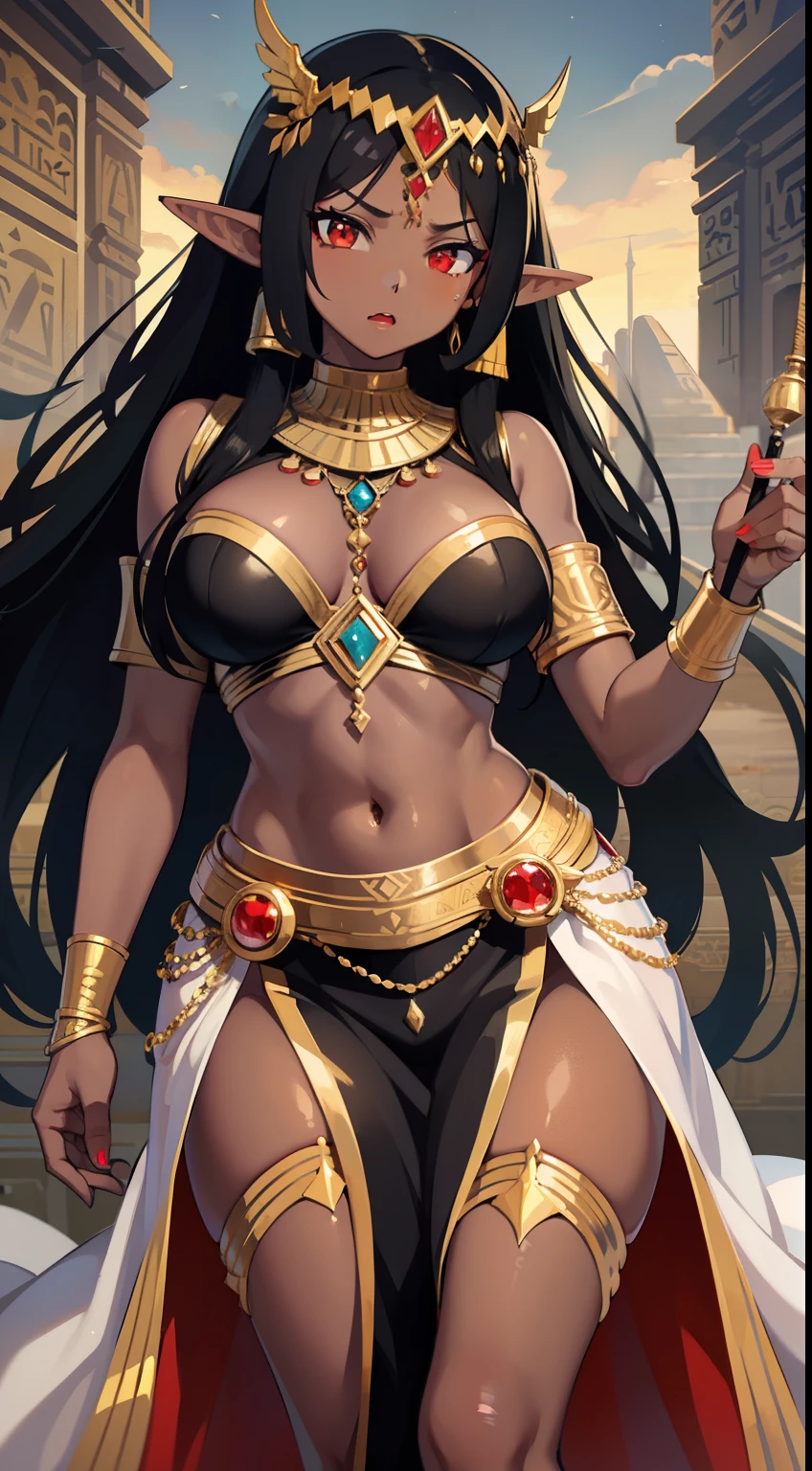 Young ebony girl, black skin, Long black hair, elf ears, red-eyes, Egypt princess, golden jewelery, anger, Masterpiece, hiquality