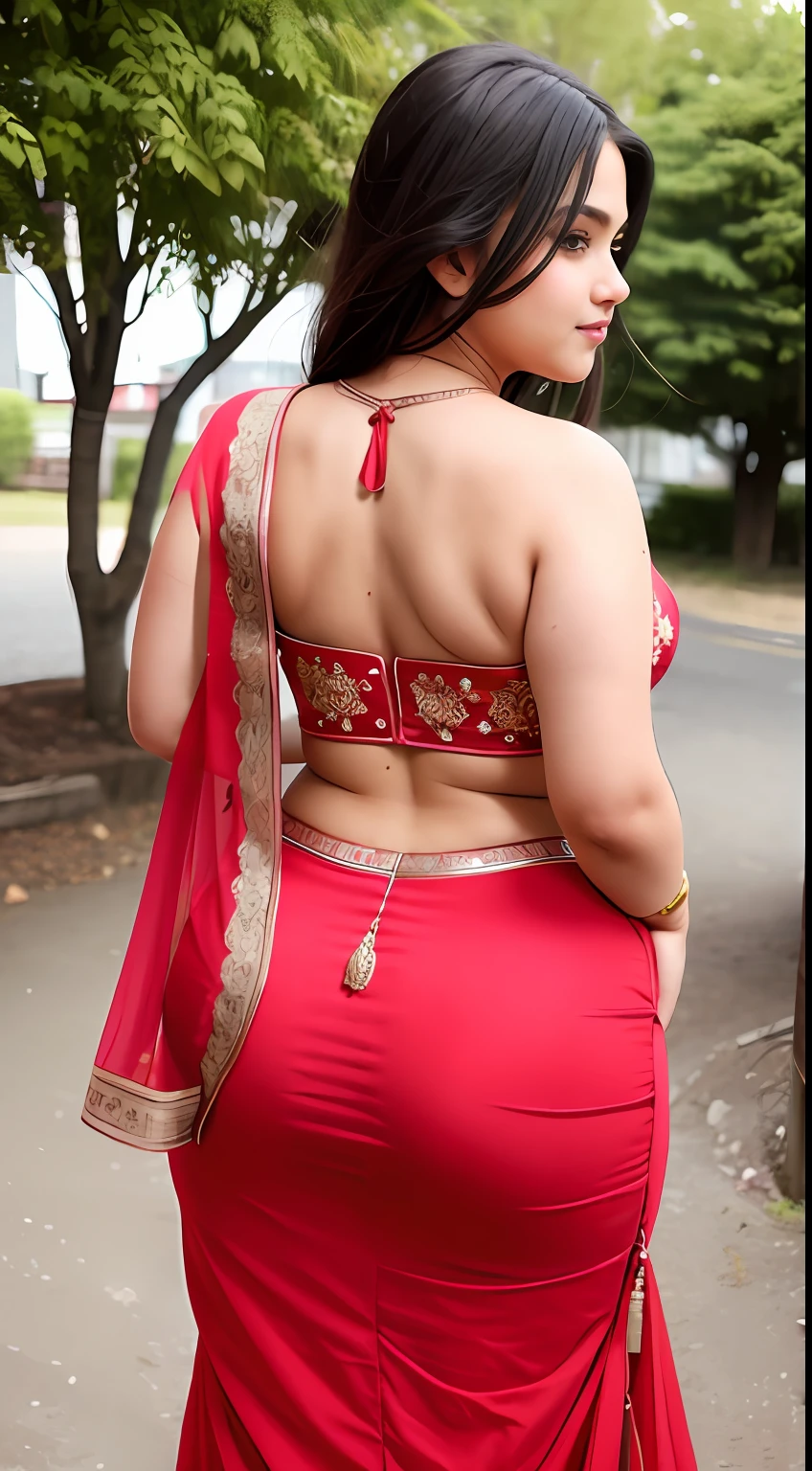 Chubby girl wearing Lehenga, view from back, back view, camera angle from back