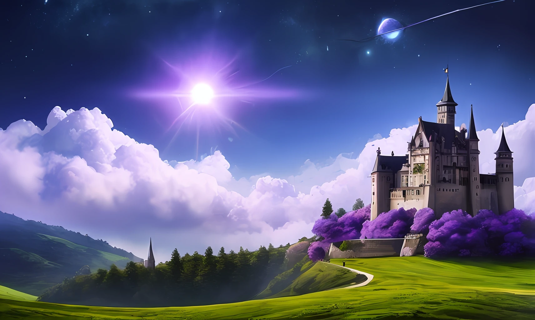 An ancient castle rising from the clouds and a space with a purple and blue color theme
