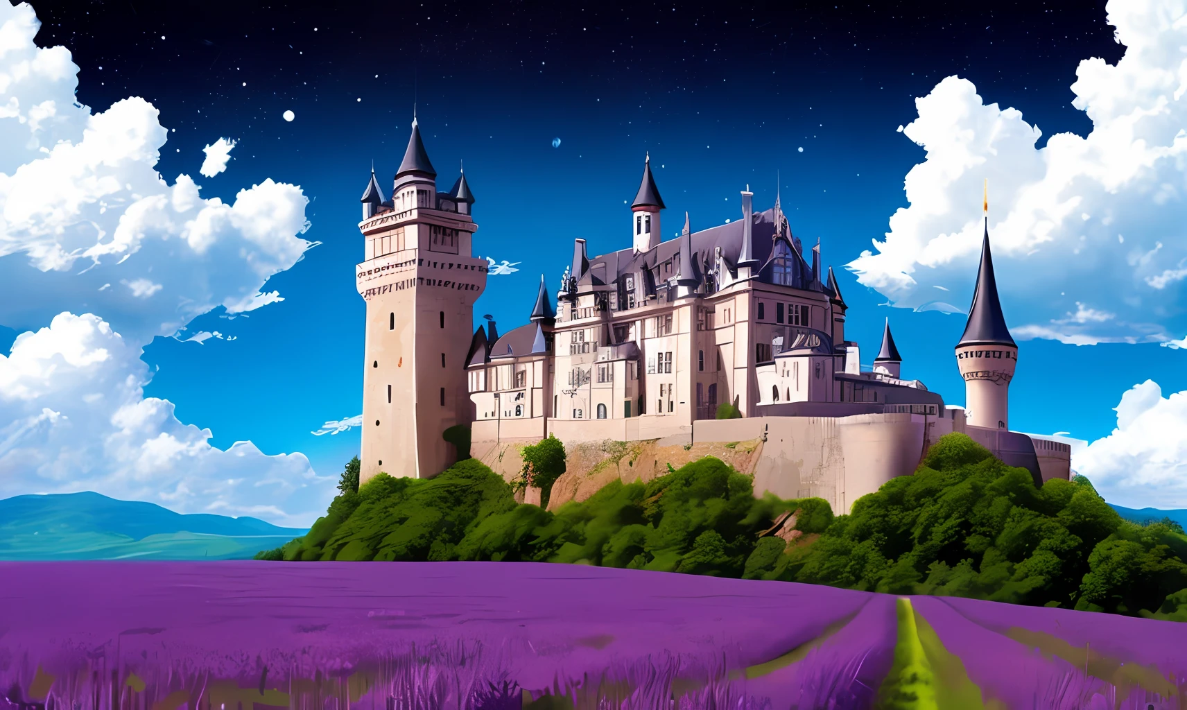 An ancient castle rising from the clouds and a space with a purple and blue color theme