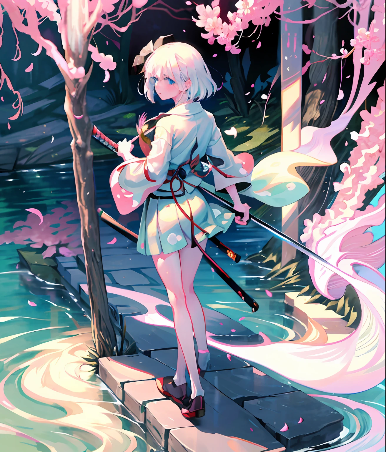 Illustration of Youmu Konpaku holding a Japanese sword, masterpiece, fine detail, 4k, 8k, 12k, solo, one person, beautiful girl, Caucasian female, Youmu Konpaku, Youmu Konpaku from behind, standing on water, cherry blossom petals on the ground, hell , lanterns, cherry blossom petals, purple sky