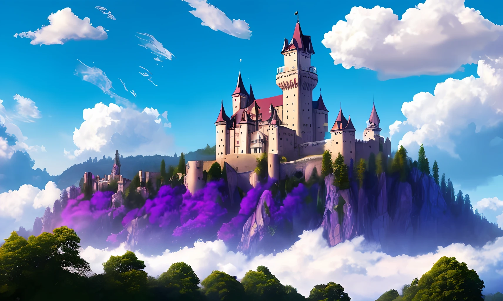 An ancient castle rising from the clouds and a space with a purple and blue color theme