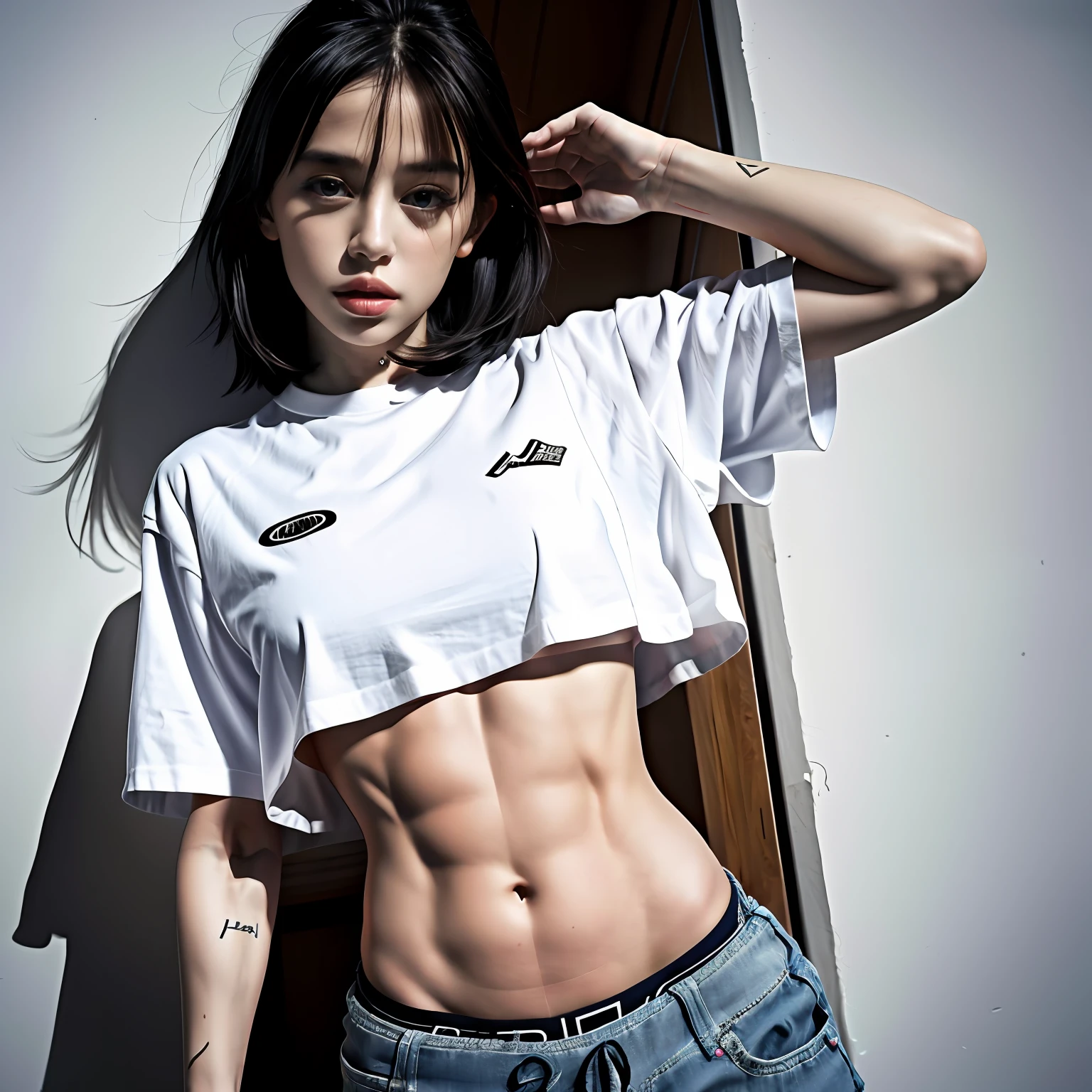 (Mejor calidad, 8k, 32k, obra maestra, UHD: 1.2), foto de una mujer europea bonita, small breasts, caderas amplias, small waist, abdominales marcados, fitness, gluteos firmes y grandes,  cabello bob muy corto, cuerpo entero , enfoque facial, oversized_tshirt,  collar, fondo simple, desde arriba, mirando al espectador,
