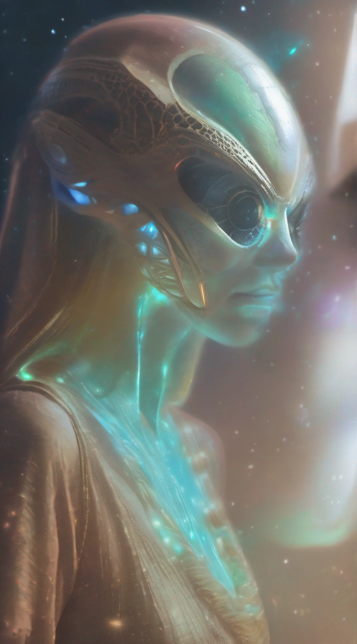 Ghostly portrait of a futuristic alien from another dimension creator of the universe with powerful ancient magic from an unknown dimension