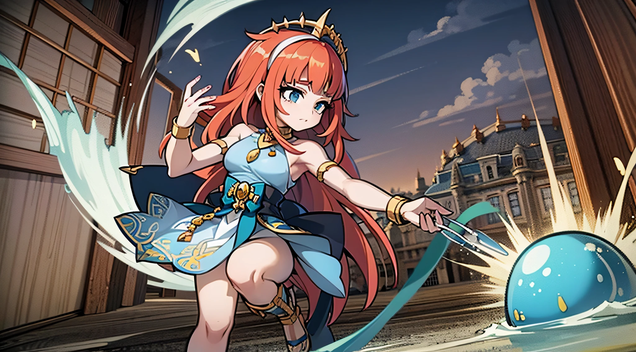 "obra maestra, alta calidad, (anime), mejor calidad, 1chica, dynamic lighting, dynamic background, (1chica, Soltero, cabello rojo), fondo: estanque, dynamic poses, nilou (Impacto de Genshin), nilou \(Impacto de Genshin\), ((Serena)), ((cuernos)), estomago descubierto, falda, nilou, Enfoque de trasero, (tiny breast)