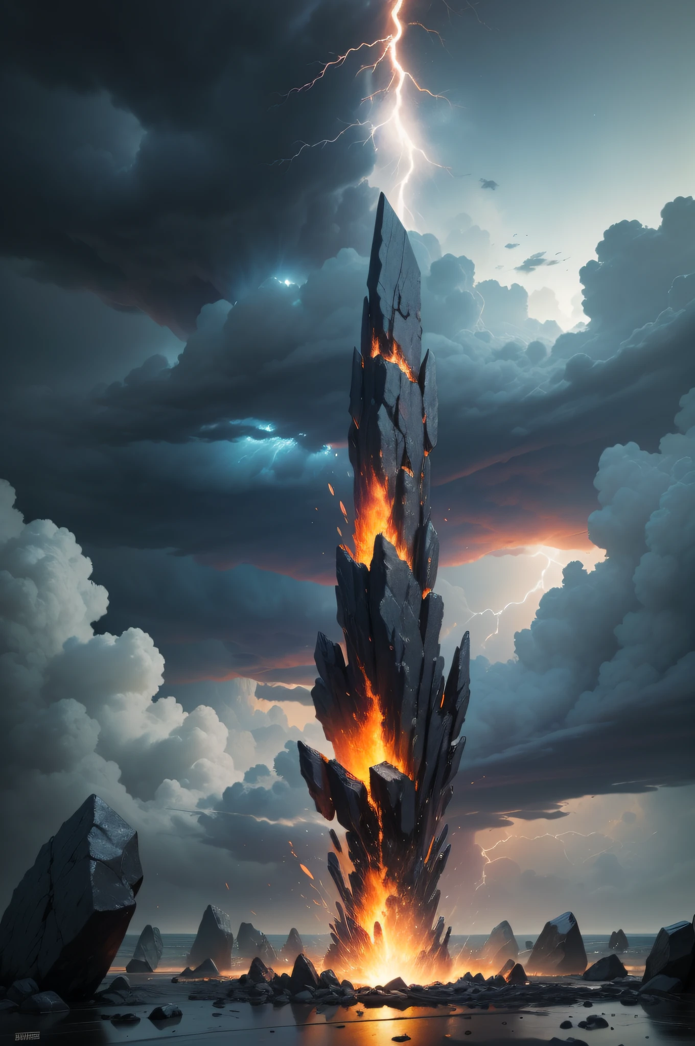 Iron objects hit the black rock ground,The ground was split and there were giant breaks,Close-up,The outlines of some stones can be faintly seen on the ground,The site of the impact erupted with huge sparks, similar to magma enveloping iron,the visual stunning shock,There are other sparks sputtering in the sky as well,Stone splashes,hyper HD,The sky is full of thunderclouds,with lightning,The picture of sparks accounts for a large proportion,超高分辨率,tmasterpiece,physically-based renderingt,Shocking