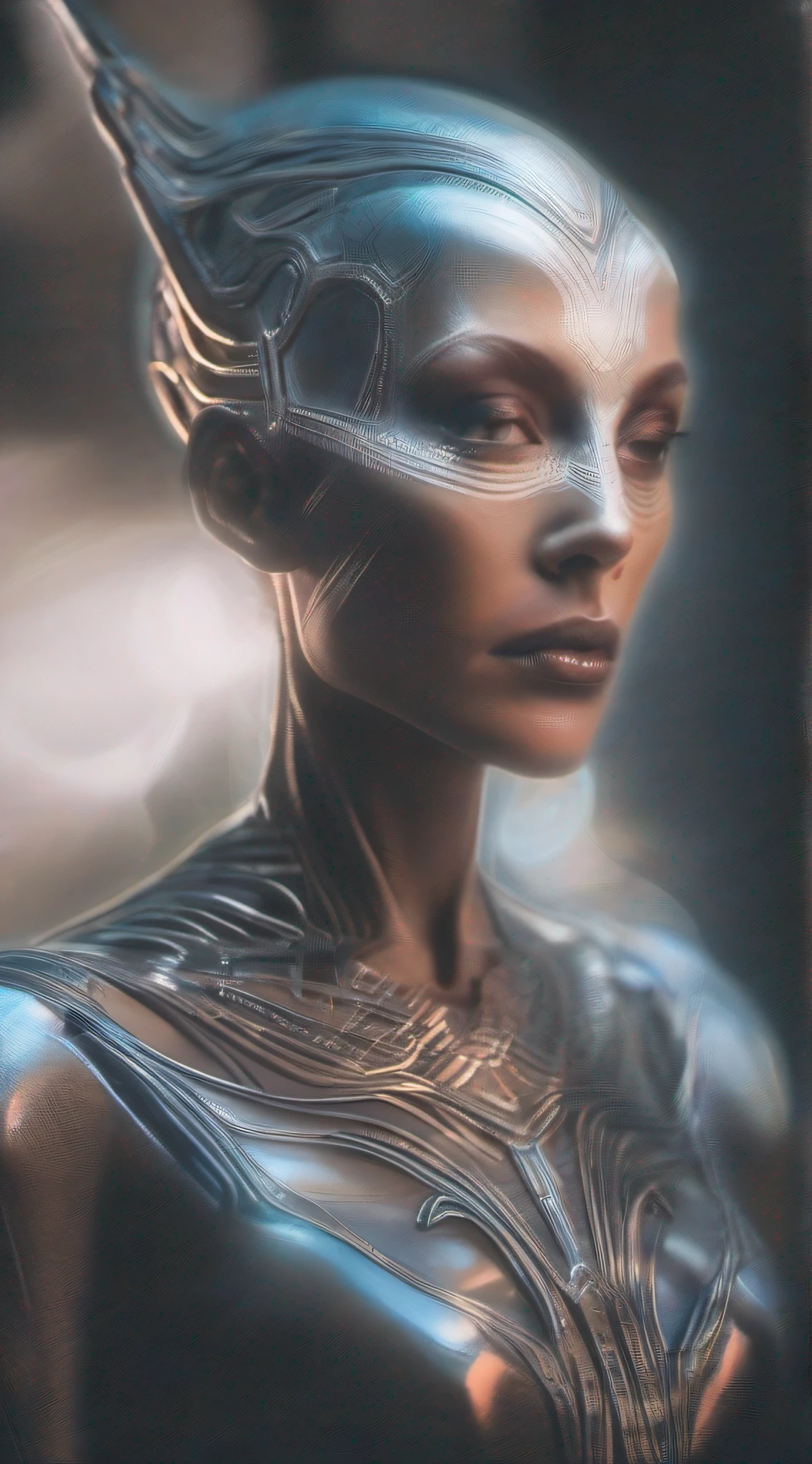 Ghostly portrait of a futuristic alien from another dimension creator of the universe with powerful ancient magic from an unknown dimension
