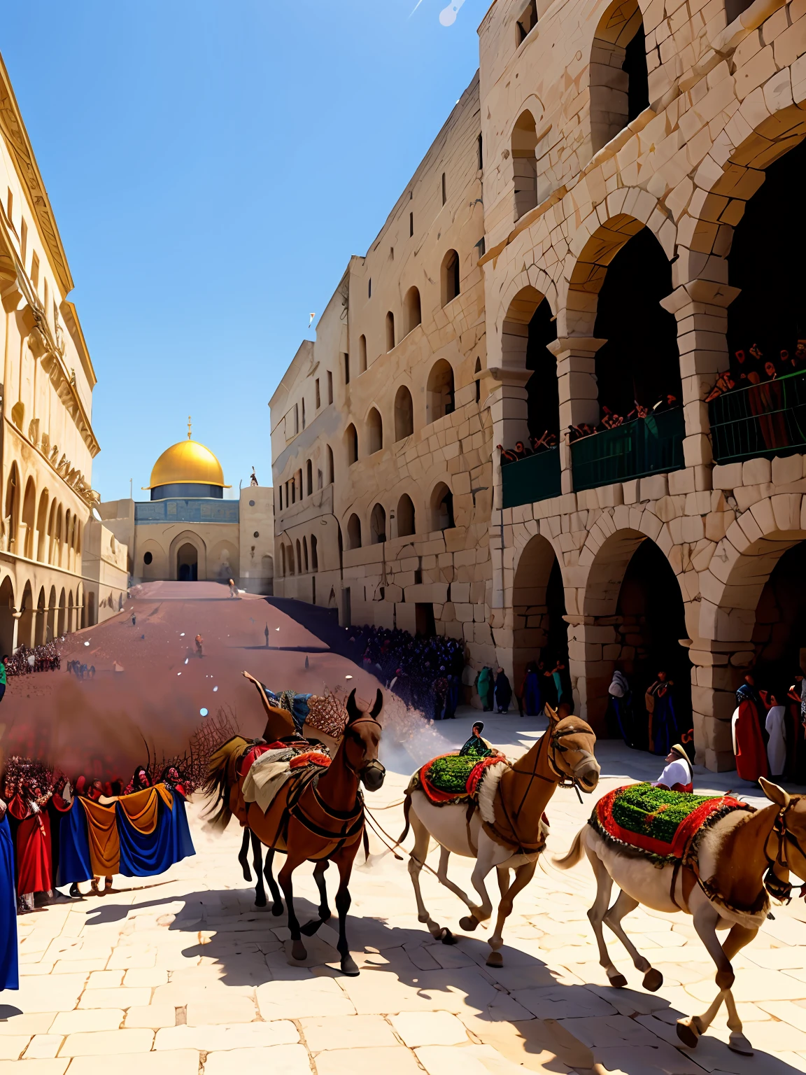 (obra-prima),alta qualidade, detalhes ultra-realistas, scene of Jesus Christ arriving in Jerusalem riding on a donkey, crowd partying.