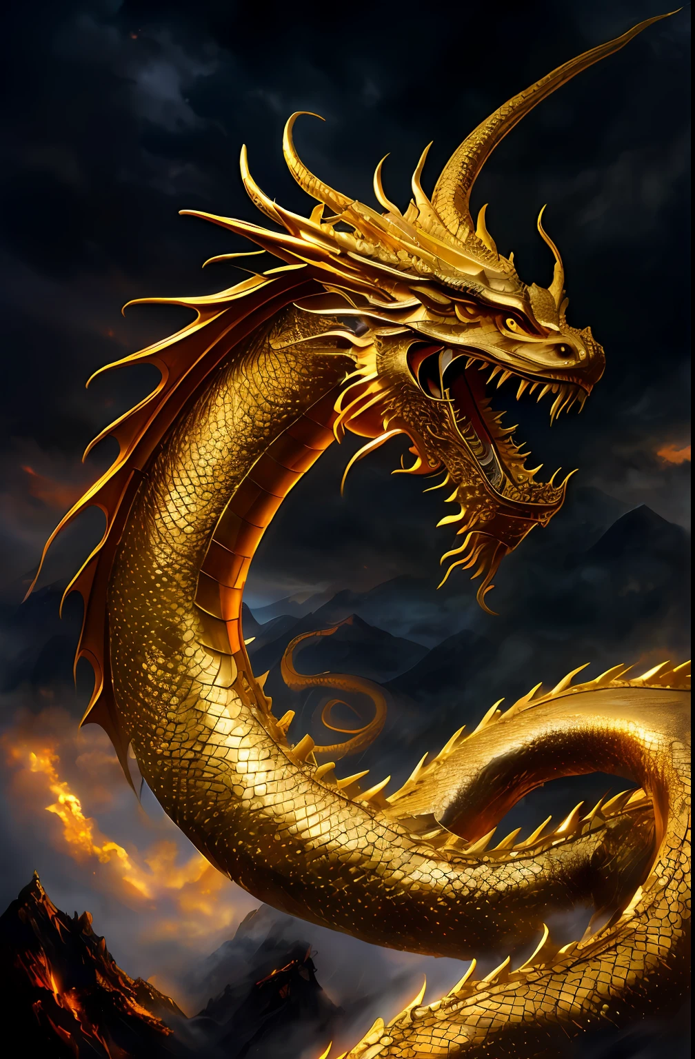 Close-up of a golden dragon in a cloudy sky, golden dragon, colossal dragon as background, Oil painting of a dragon, chinese dragon concept art, smooth chinese dragon, legendary dragon, Chinese dragon, epic dragon, Majestic Japanese Dragon, dragon art, ''dragon breathing fire, loongs, Phoenix Dragon, a dragon, fire flaming dragon serpent, dragon breathing fire, fire dragon