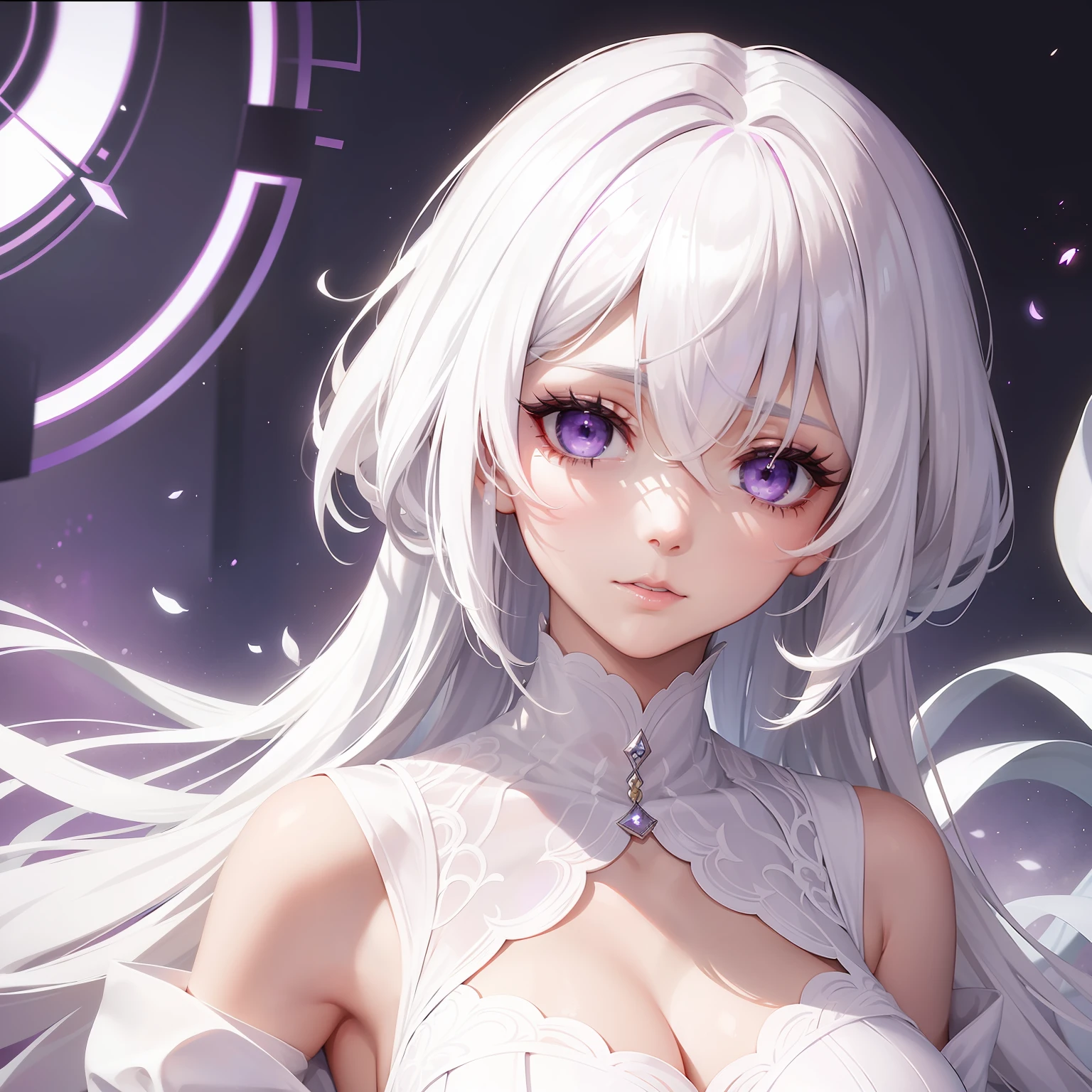 a women, white hair, purple eyes, white dress