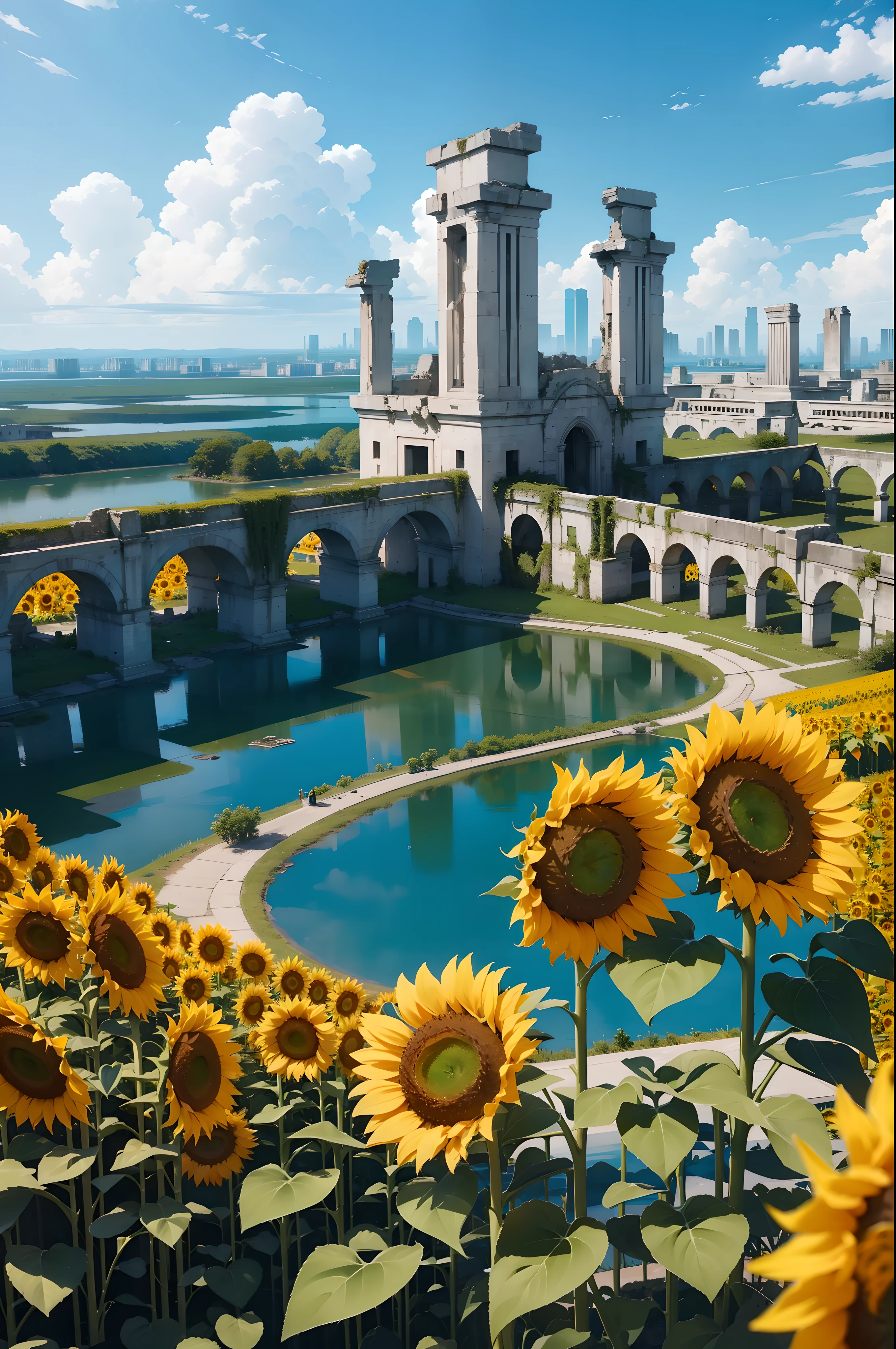 The ultra -The high-definition、Detailed writing、Vast、Ruins of a declining foreign civilization、Feel the civilization that flourished long ago、The sky is clear、Civilizations that have sunk to the bottom of the lake will quietly collapse over time、The earth is filled with sunflowers blooming endlessly、