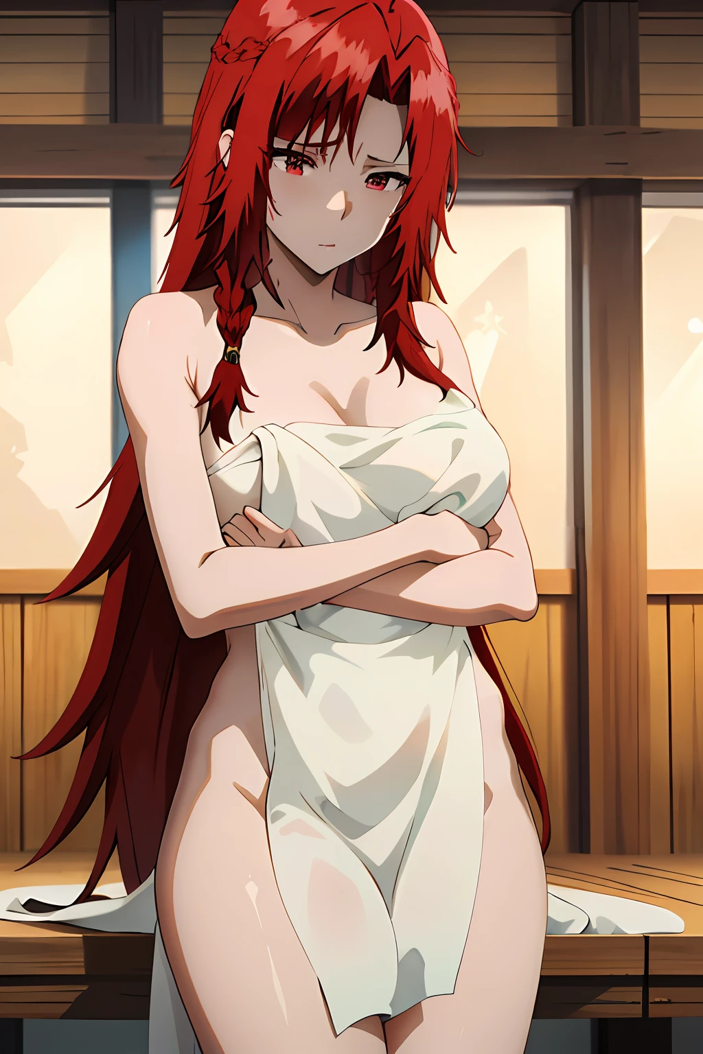 masterpiece, best quality, IrisMidgarV4, 1girl, solo, long hair, red eyes, braid, red hair, nude, towel, hot spring