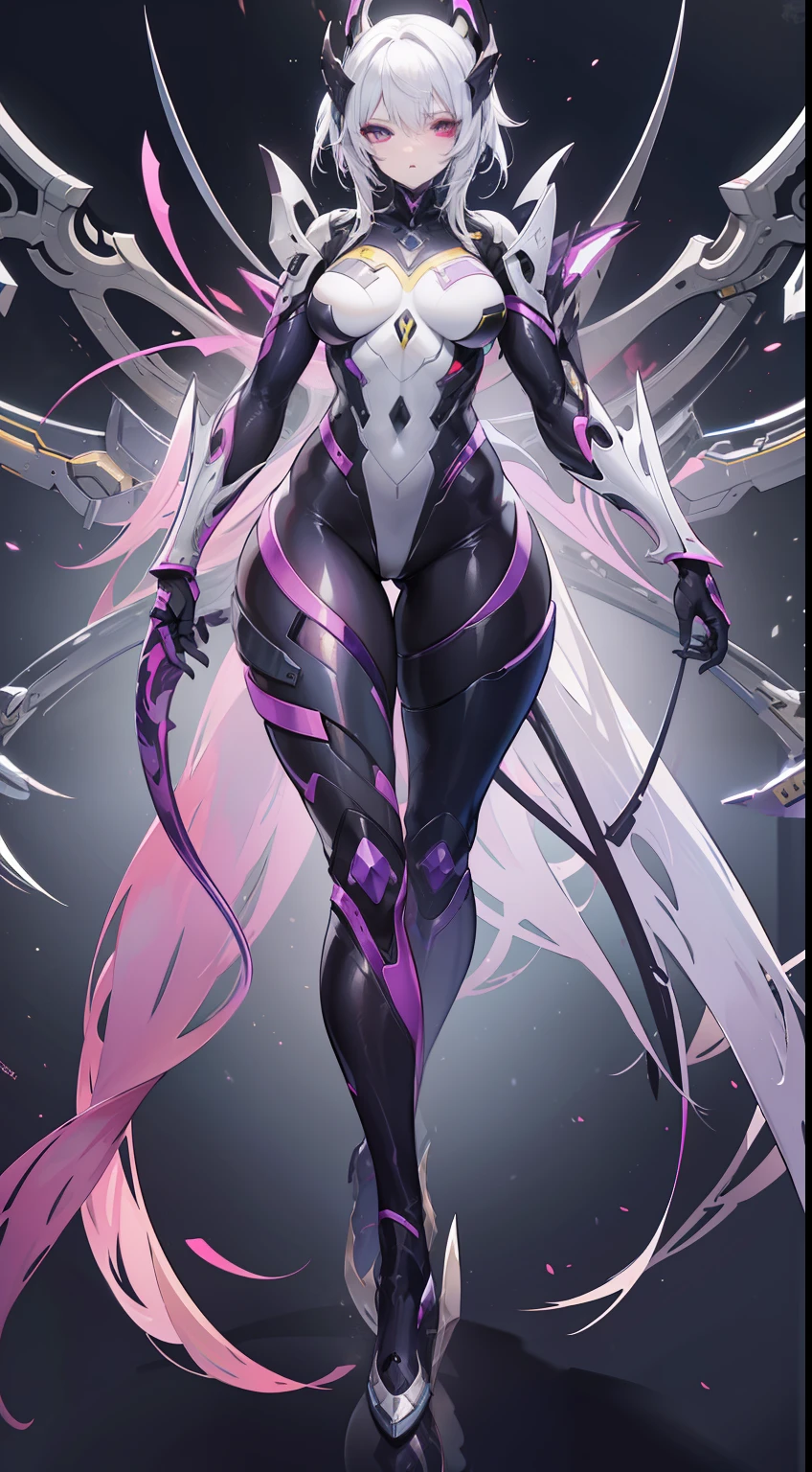 (ultra-definition), Big anime character with yellow skin and silver hair, Tentacles wriggle behind,thick smooth warframe thighs, Guyver Style, fuchsia skin below the armor, Beautiful Lady in Warframe, Devil's Tail, gynoid body, Commission for high resolution, Widowmaker,