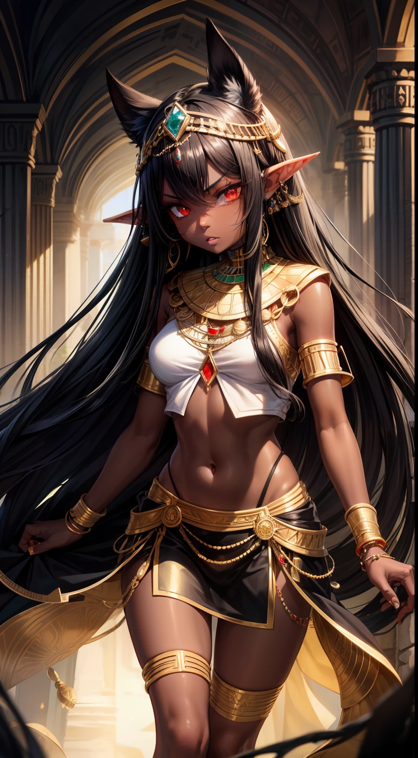 Young black girl, black skin, Long black hair, elf ears, red-eyes, Egyptian Princess, golden jewelery, anger, Masterpiece, hiquality