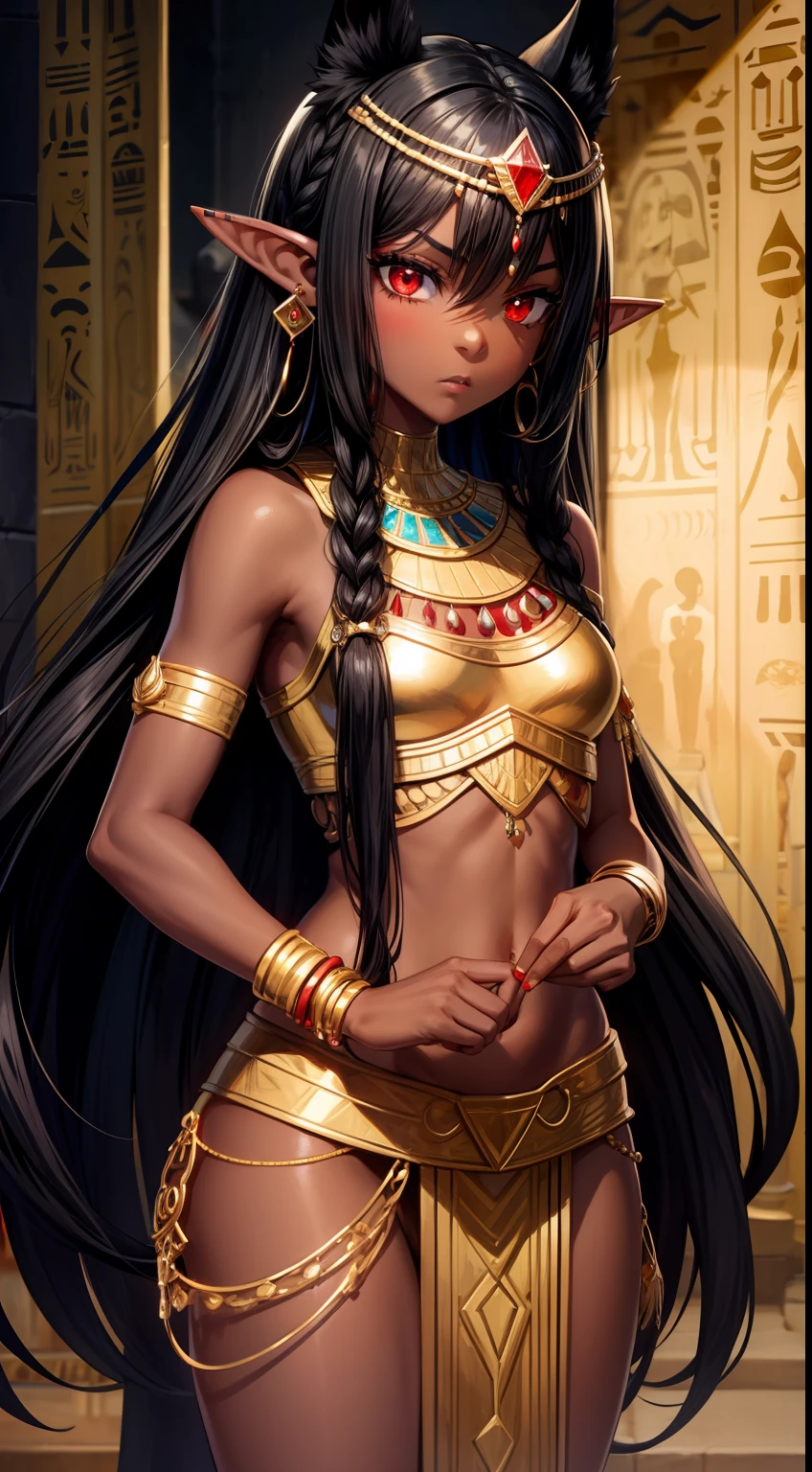 Young black girl, black skin, Long black hair, elf ears, red-eyes, Egyptian Princess, golden jewelery, anger, Masterpiece, hiquality