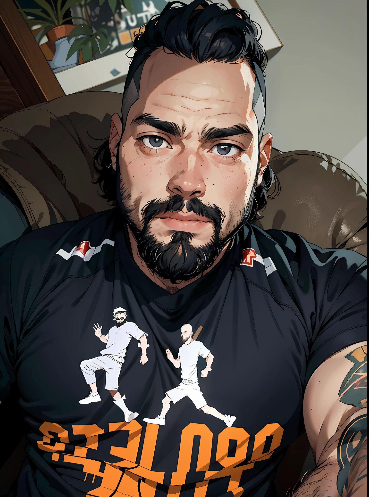 there is a man with a beard sitting on a couch, Foto selfie 8k, vestindo camisa de basquete, com uma barba preta cheia, Vestindo a camisa da NBA, Streamer do Twitch / Jogador Ludwig, No logo!!!, 2 8 anos