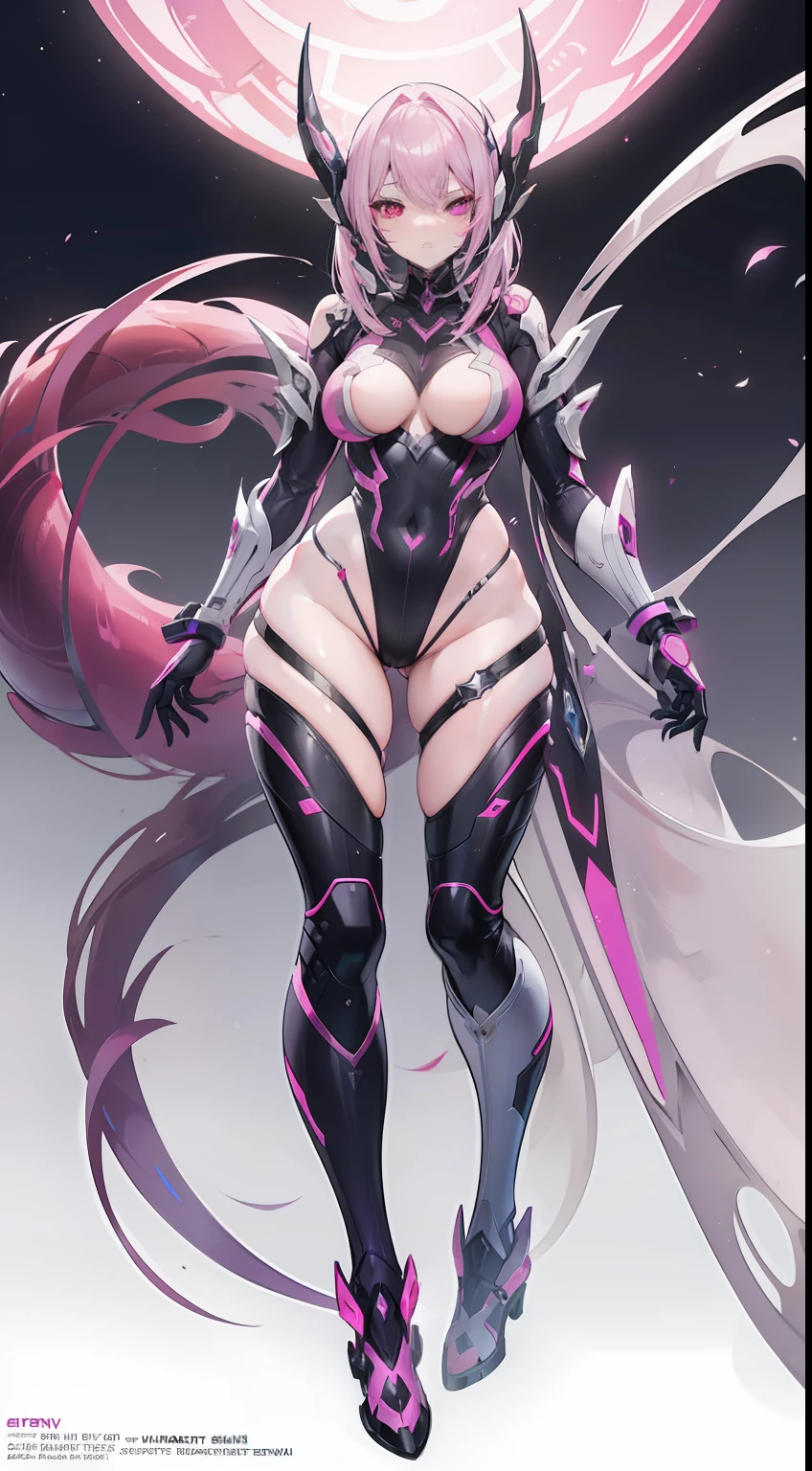 (ultra-definition),Big anime character with pink skin and silver hair, Tentacles wriggle behind,thick smooth warframe thighs, Guyver Style, fuchsia skin below the armor, Beautiful Lady in Warframe, Devil's Tail, gynoid body, Commission for high resolution, Widowmaker,
