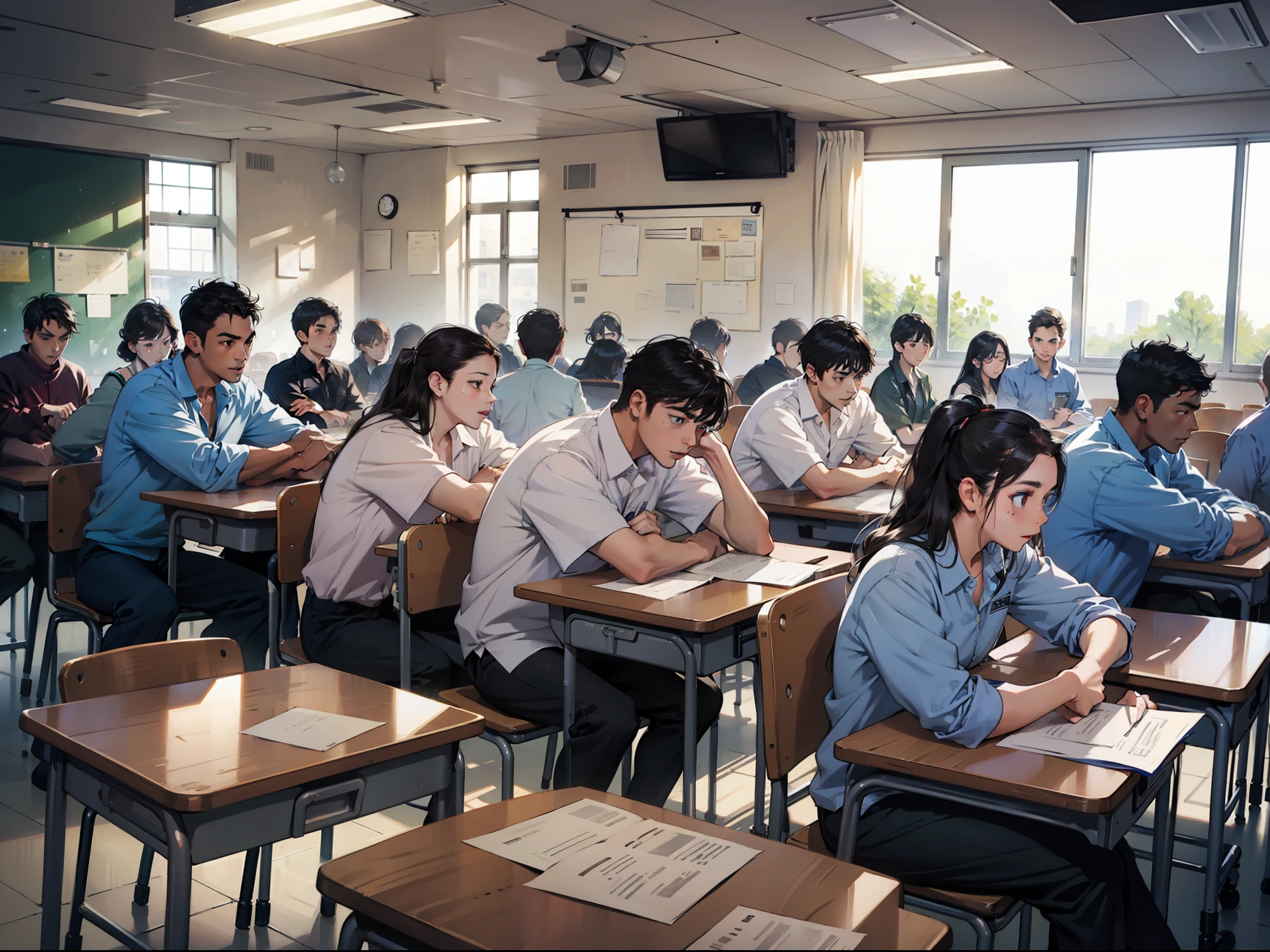A group of students take an exam in a classroom
