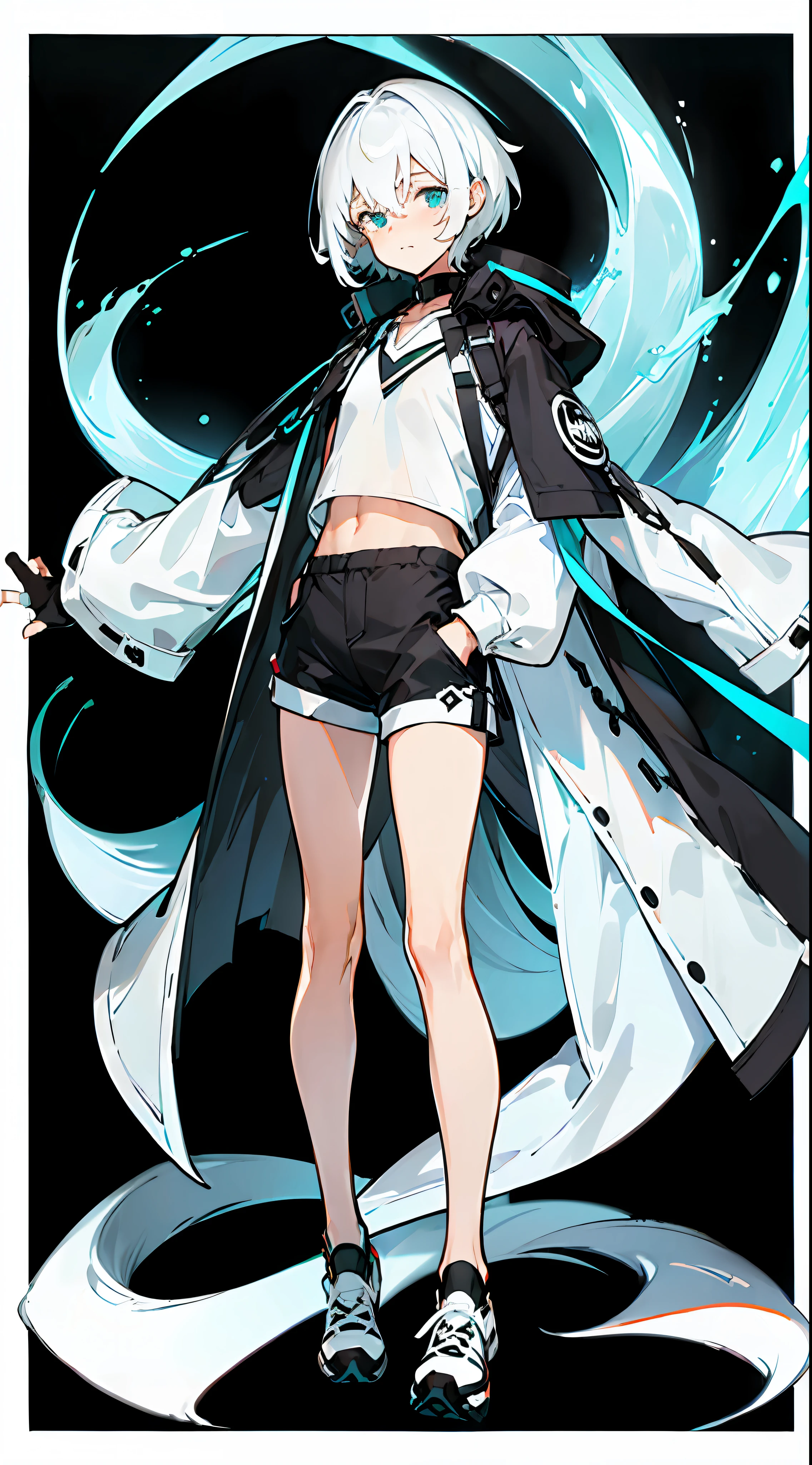 Masterpiece, Best quality, Solo,Boy, White hair,Short hair, (White shirt:1.4),(Black shorts:1.5), blackfootwear, full bodyesbian, shirt, Shorts, Coat, Open coat, view the viewer, Hood, Sneakers, Open clothes, Black coat, (Flat chest:1.7), No breasts,Long sleeves, bangs, Fingerless gloves, Short hair, hair between eye,(pure Black background:1.4),normal standing