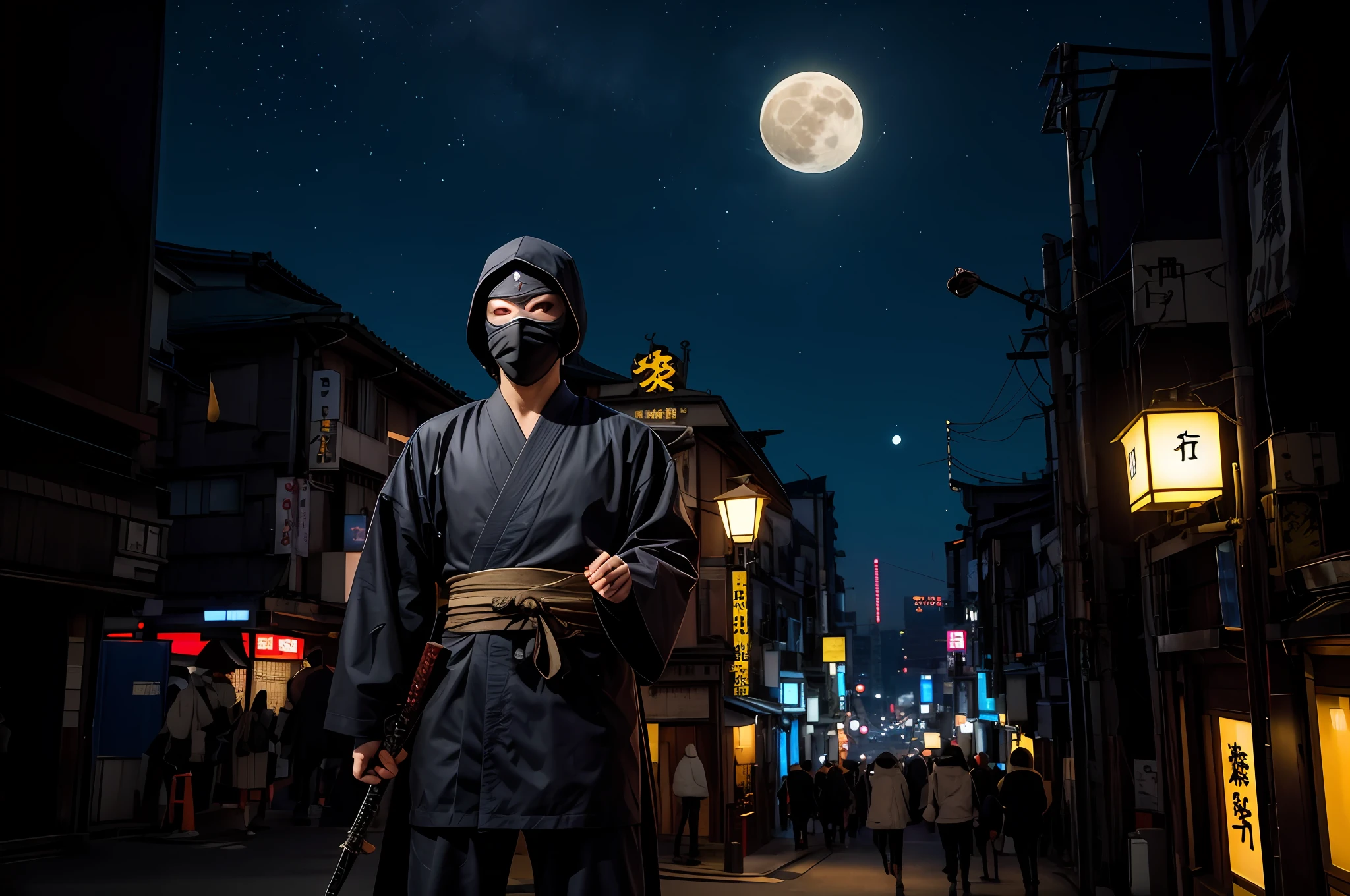 Masterpiece, best_Vagina, realisitic,1Girl, The cyberpunk, architecture, black_heads, brown_heads, building, daoshi, Japanese_clothed, (Ninjia, weapons, Black Ninja_mask:1.3), landscapes, natta, sao_(sky), Tokoi_tower, the moon, At night in Tokyo, Downtown Japanese,