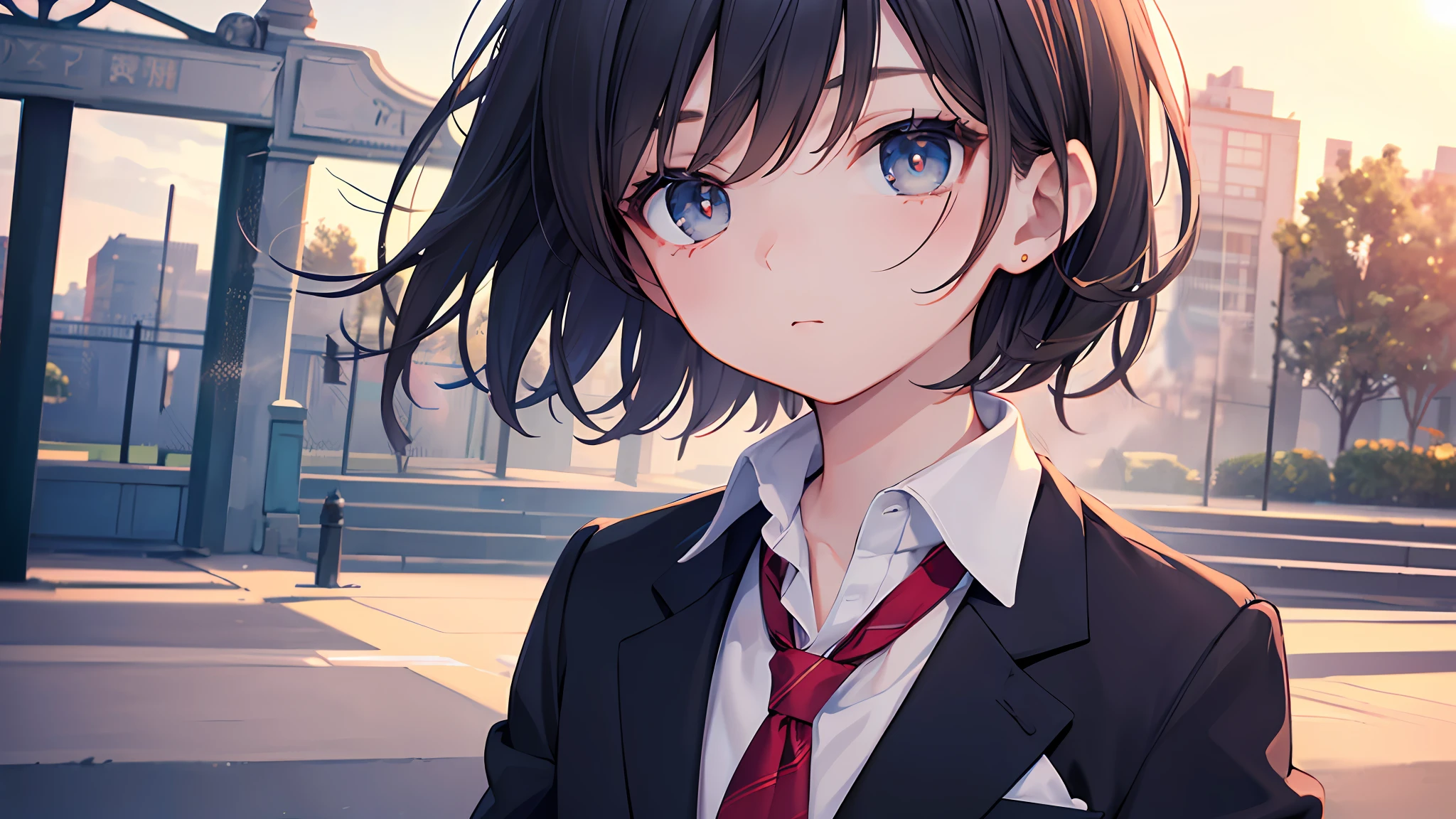 (Masterpiece, top quality, highly detailed CG,ultra detailed beautiful face and eyes , super detailed, intricate details:1.2), 8k wallpapers, elaborate features,
(1 person, solo:1.4)perfect cartoon illustration,(1 person, solo:1.4)
(realistic textures:0.8), high res, cute, (vivid colors, dynamic lighting:1.0), (high contrast:0.8),(young boy:1.5), tall, waving, short hair, dark eyes, school uniform, black blazer (1.2), black slacks, white shirt (1.1), red tie, school gate, sun, dispersion of light, wind blowing、Full body painting