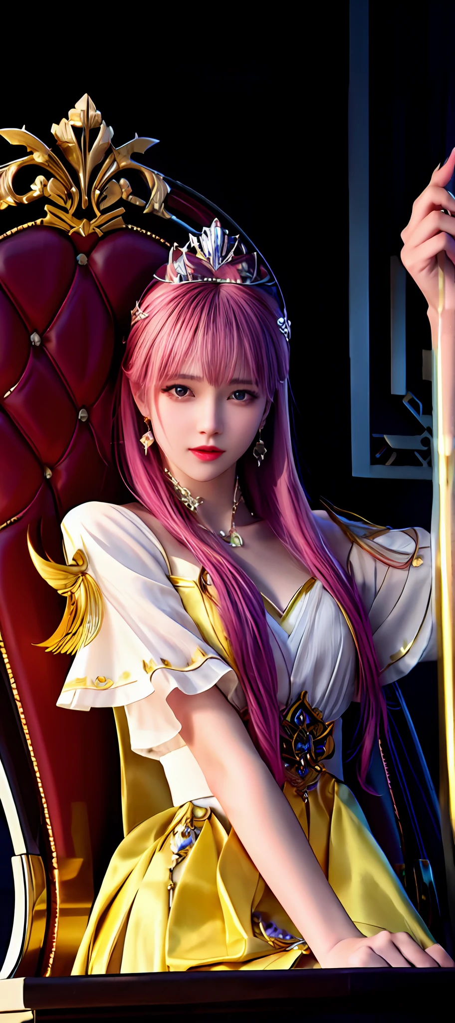 realisticity: 1.2), best quality, masterpiece, highres, super detail, ultra detail, cg, 1girl, queen, weapon, sword, long hair, dress, water, solo, jewelry, yellow dress, wearing a very beautiful crown, earrings, hair ornament, splashing, upper body super realistis, hair bun, blue and pink hair, royal throne backgraun super realistis and super detai, ultra detail, lighting,candid, Photograph, high resolution, 8k, 10k, Bokeh,