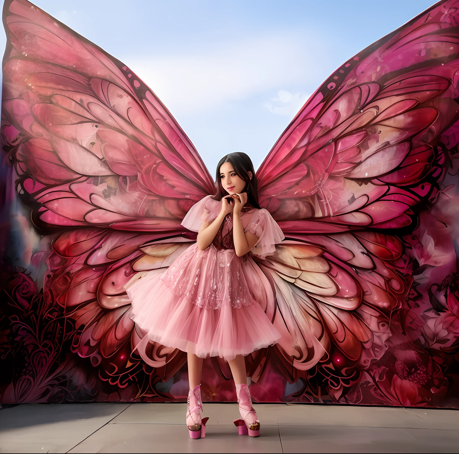 Araffe vestido com um vestido rosa e asas de borboleta, Asas de fada, com belas asas, asas de borboleta, abrindo as asas, sorrindo como uma rainha de fadas, Asas de Gossamer, menina com asas de anjo, fairy magnificent, fantasy photoshoot, Retrato de uma fada, Retrato da fada, Retrato da princesa da fada, fada, Fairycore, Asas babadas