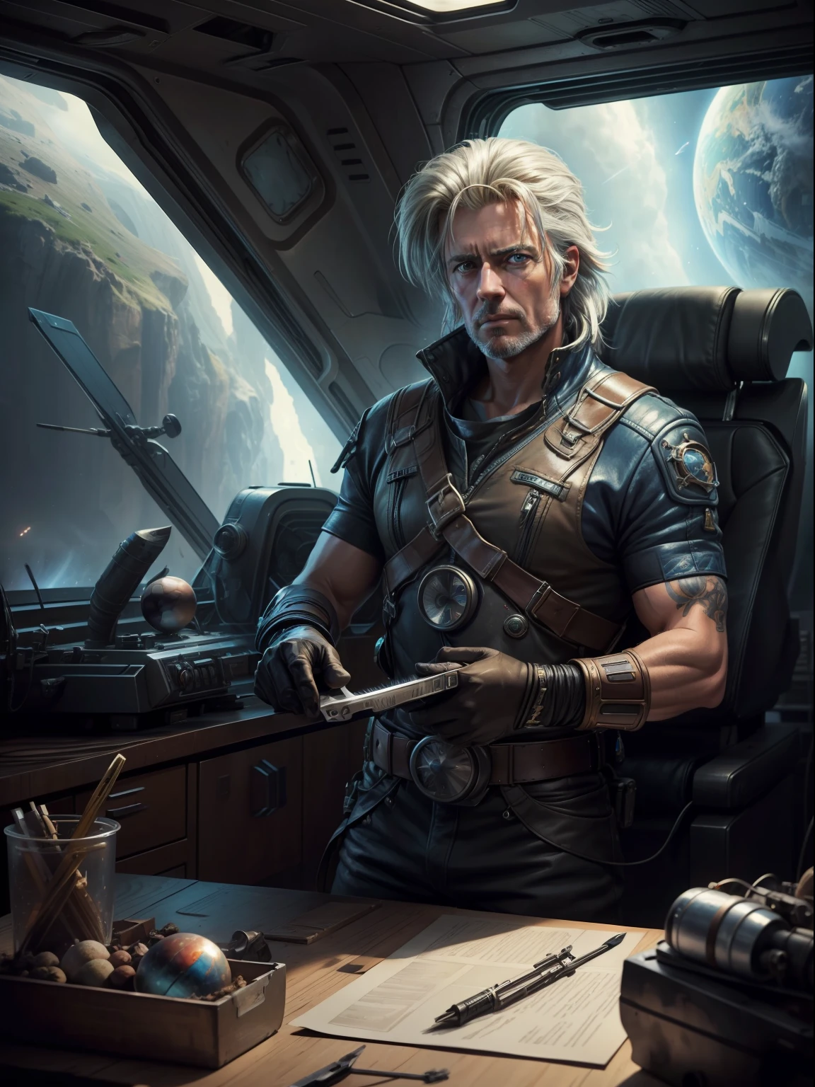 A (waist up:1.2) cinematic photorealistic color digital painting of a Male Universe Explorer (80's short heavy metal rock star hair style), (with his tools fixing his crashed starship) on an enigmatic Earth like Planet with schorching tripple stars, detailed face, insanely detailed and intricate, crisp sharp and clear, volumetric lighting, ultra-high resolution, masterpiece hyper realistic artwork of Don Lawrence, centered, Professional color grading by Kenneth Hines Jr.