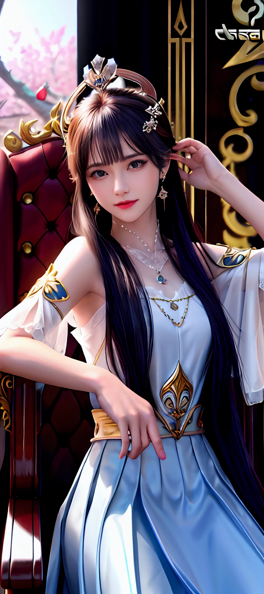 realisticity: 1.2), best quality, masterpiece, highres, super detail, ultra detail, cg, 1girl, queen, weapon, sword, long hair, dress, water, solo, jewelry, yellow dress, wearing a very beautiful crown, earrings, hair ornament, splashing, upper body super realistis, hair bun, blue and pink hair, royal throne backgraun super realistis and super detai, ultra detail, lighting,candid, Photograph, high resolution, 8k, 10k, Bokeh,