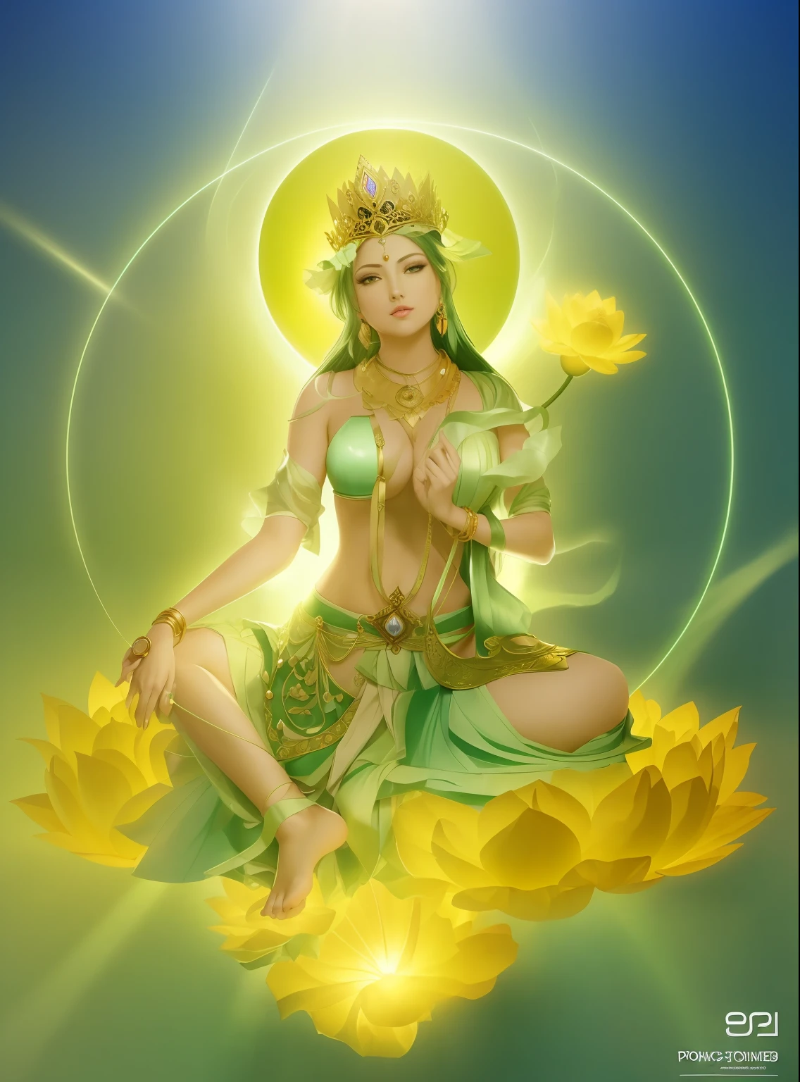 Beutiful women，Greenskin sits on a lotus，Wearing a delicate gold crown，beautiful countenance，Beautiful big eyes looking at the gaze of the audience，Pinch the flower stem with one hand，The other palm is facing outward，Barefoot on both feet，Lotus terrace，with blue sky and white clouds，（primitive：1.2），（realisticlying：1.4），（Sharpness：1.2），（A woman who is），16 yaers old，(((body high：1.5))),(((Green skin))),（（（Gemstones refract dazzling light））），（（middlebreast：1）），（Abs：0.7），（glute：1.2），(Healthy green skin， Thin skin， seductiveexpression， 二重まぶた，Jelly textured lips， Glowing lips，Small upturned lips，There is an eye in the middle of the forehead，((Yellow pleated bra))，Shiny skin，(((Green skin texture)))，Real pores，ctextured skin，choker necklace，Yingluo，（Wear gemstones，pearls，hisui，amber，），（Dynamic hair，Hair hanging down the shoulders，Beaded hairpins，Nobile，），Glossy glossy skin，greenish skin，eyes looking at the lens，The sky behind your head is illuminated by a circle of light，The background is blue sky， High quality detailing， exquisite detailing，Cinematic lighting，,absurderes, unbelievable Ridiculous, hugefilesize, ultra - detailed, A high resolution, The is very detailed，best qualtiy，tmasterpiece，illustratio，The is very detailed，CG，unified，8k 壁纸，Amazing Cleavage，finely detailled，tmasterpiece，(((dynamicposes)))， ((Correct anatomy)),(((Correct dissection))