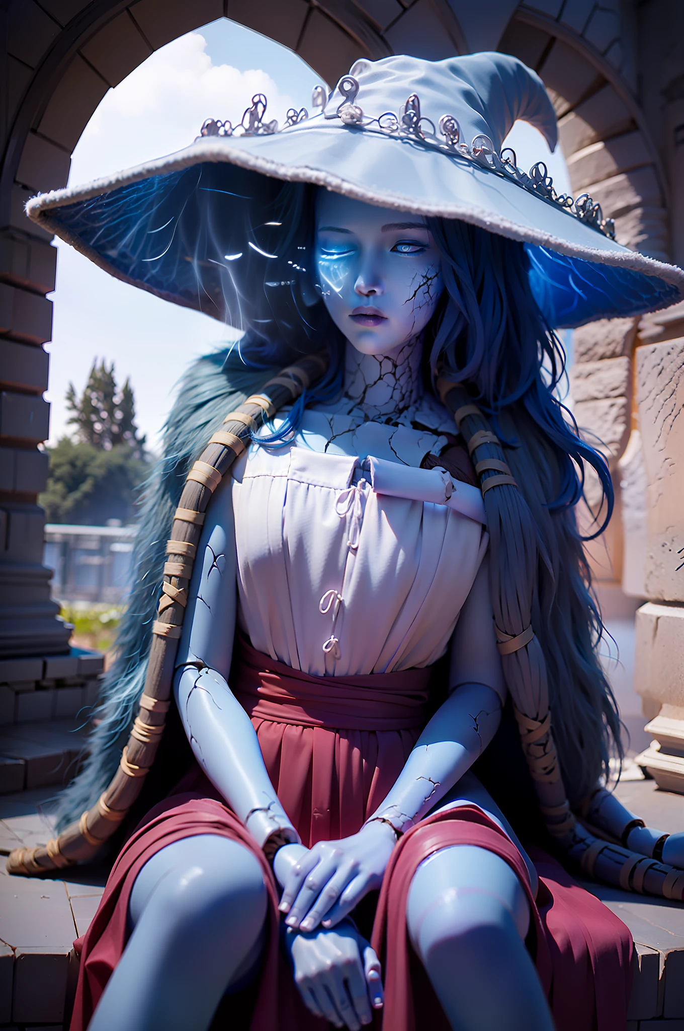 Ranni the witch from Elden ring, a woman in a blue hat and red dress, Blue skin color, wearing witch costume, one close eye with a scar on her face, one opened eyes with charming face and looks, charming eye artwork in the style of guweiz, fantasy art style, wlop and artgerm, artgerm and atey ghailan, extremely detailed artgerm, wlop | artgerm, stanely artgerm, ig model | artgerm, style artgerm